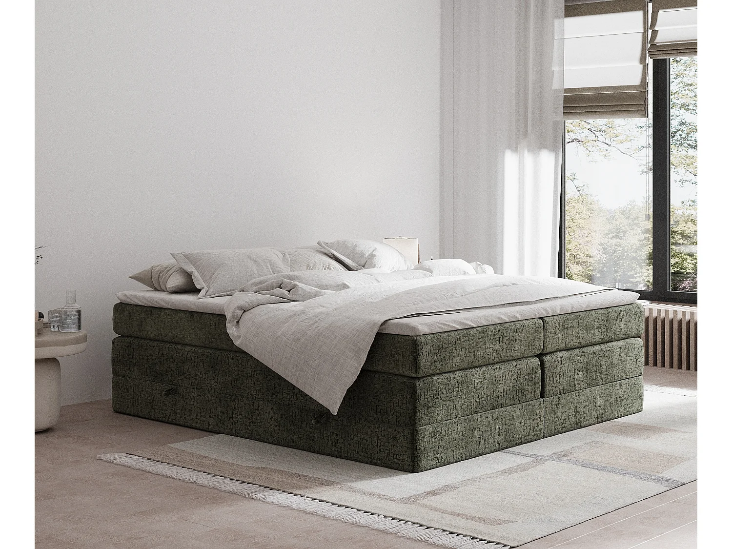 Łóżko boxspring w tkaninie szenilowej Juniper - materac - topper - 180x200 cm - oliwkowy 3980987 - obrazek 1
