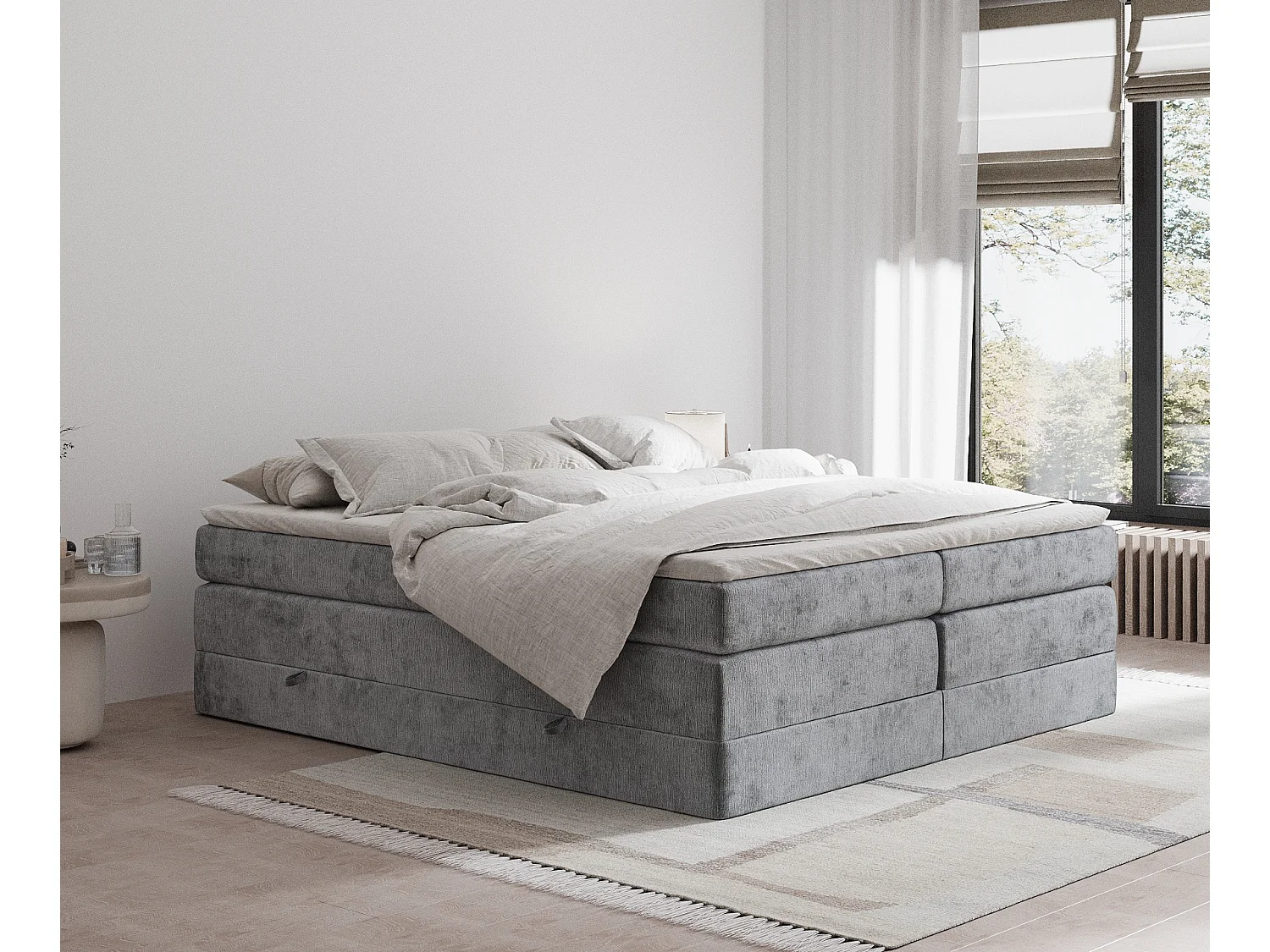 Łóżko boxspring w tkaninie szenilowej Juniper - materac - topper - 160x200 cm - szary 3980910 - obrazek 1