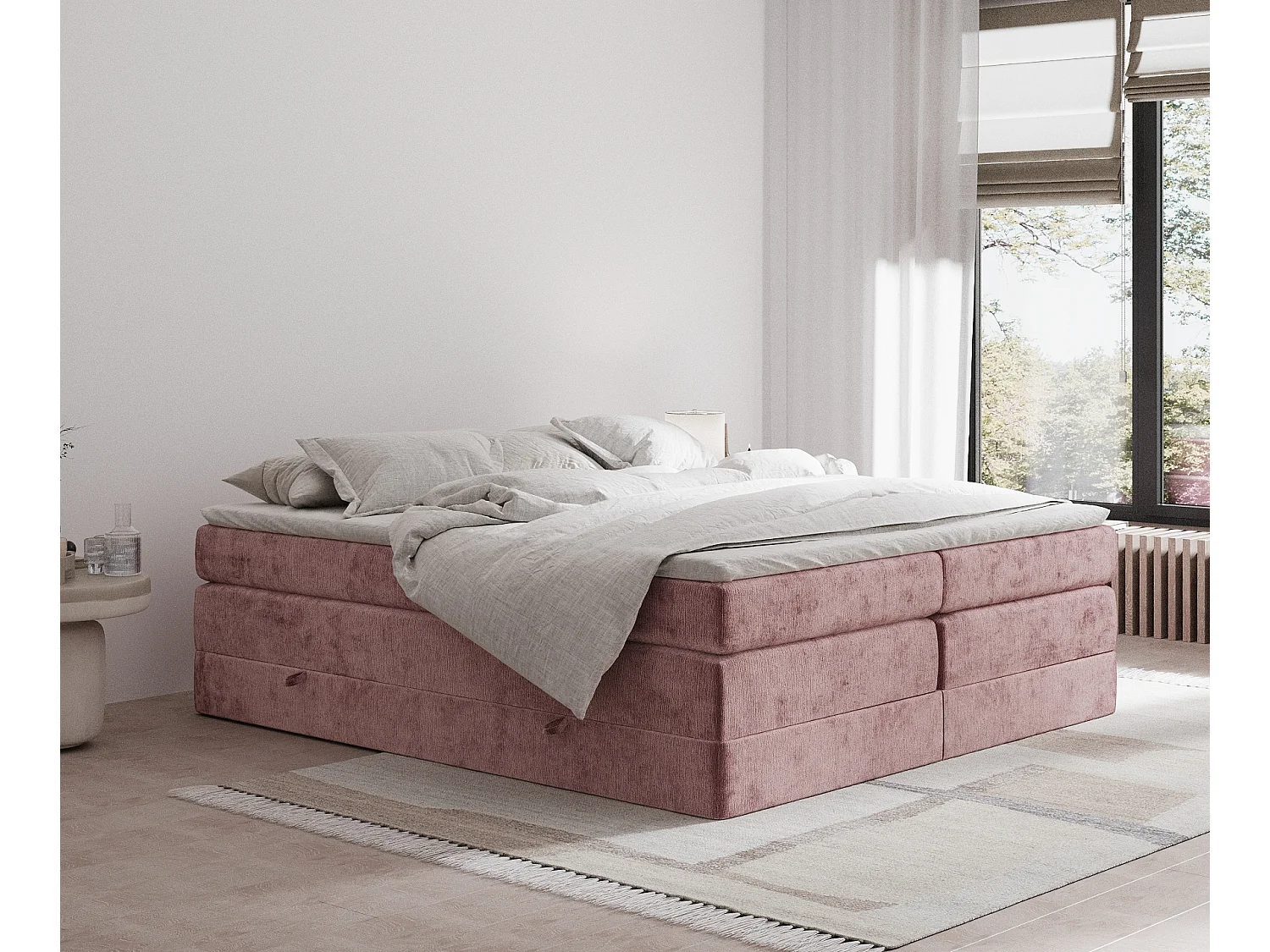 Łóżko boxspring w tkaninie szenilowej Juniper - materac - topper - 140x200 cm - różowy 3981670 - obrazek 1