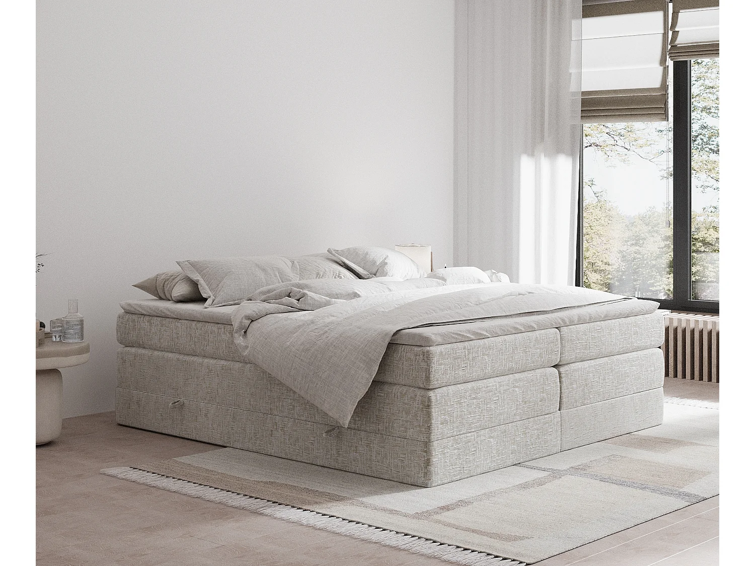 Łóżko boxspring w tkaninie szenilowej Juniper - materac - topper - 200x200 cm - beżowy 3981795 - obrazek 1
