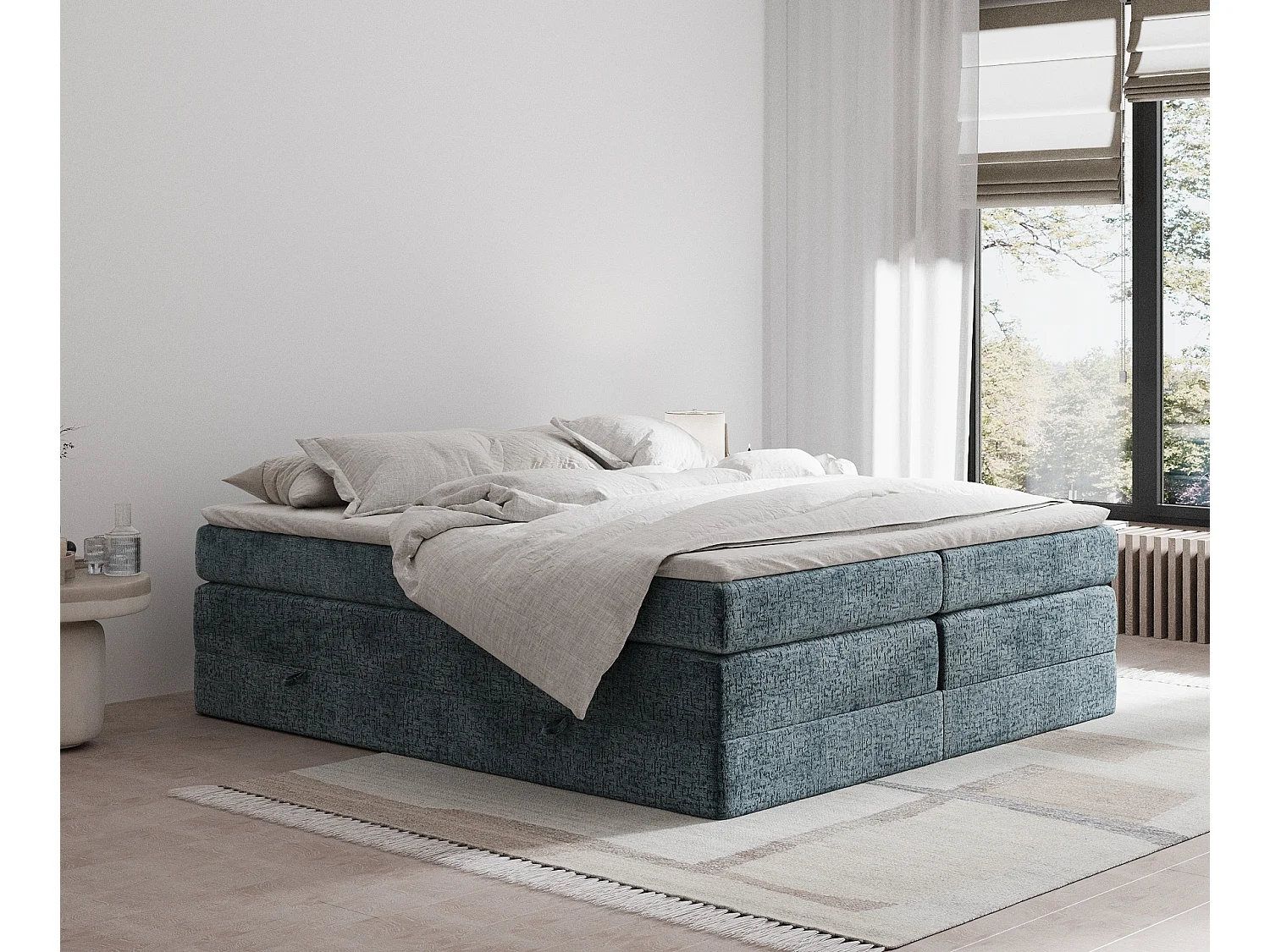 Łóżko boxspring w tkaninie szenilowej Juniper - materac - topper - 180x200 cm - niebieski 3981394 - obrazek 1