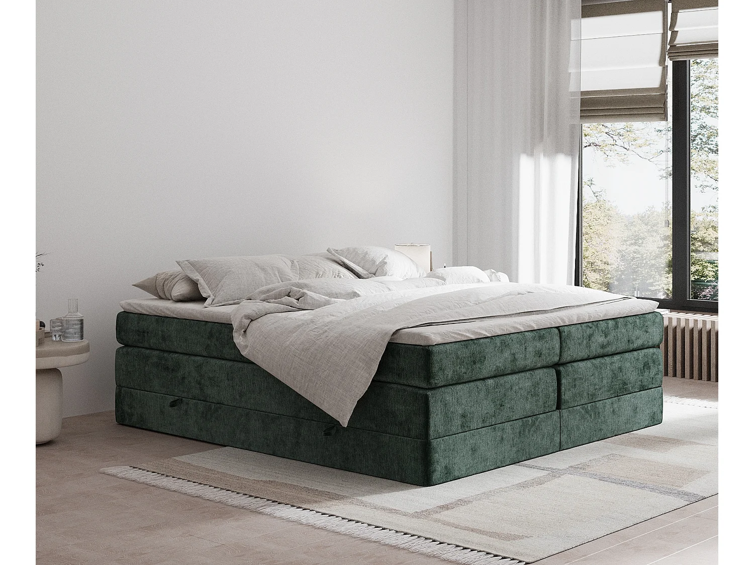 Łóżko boxspring w tkaninie szenilowej Juniper - materac - topper - 200x200 cm - zielony 3981889 - obrazek 1