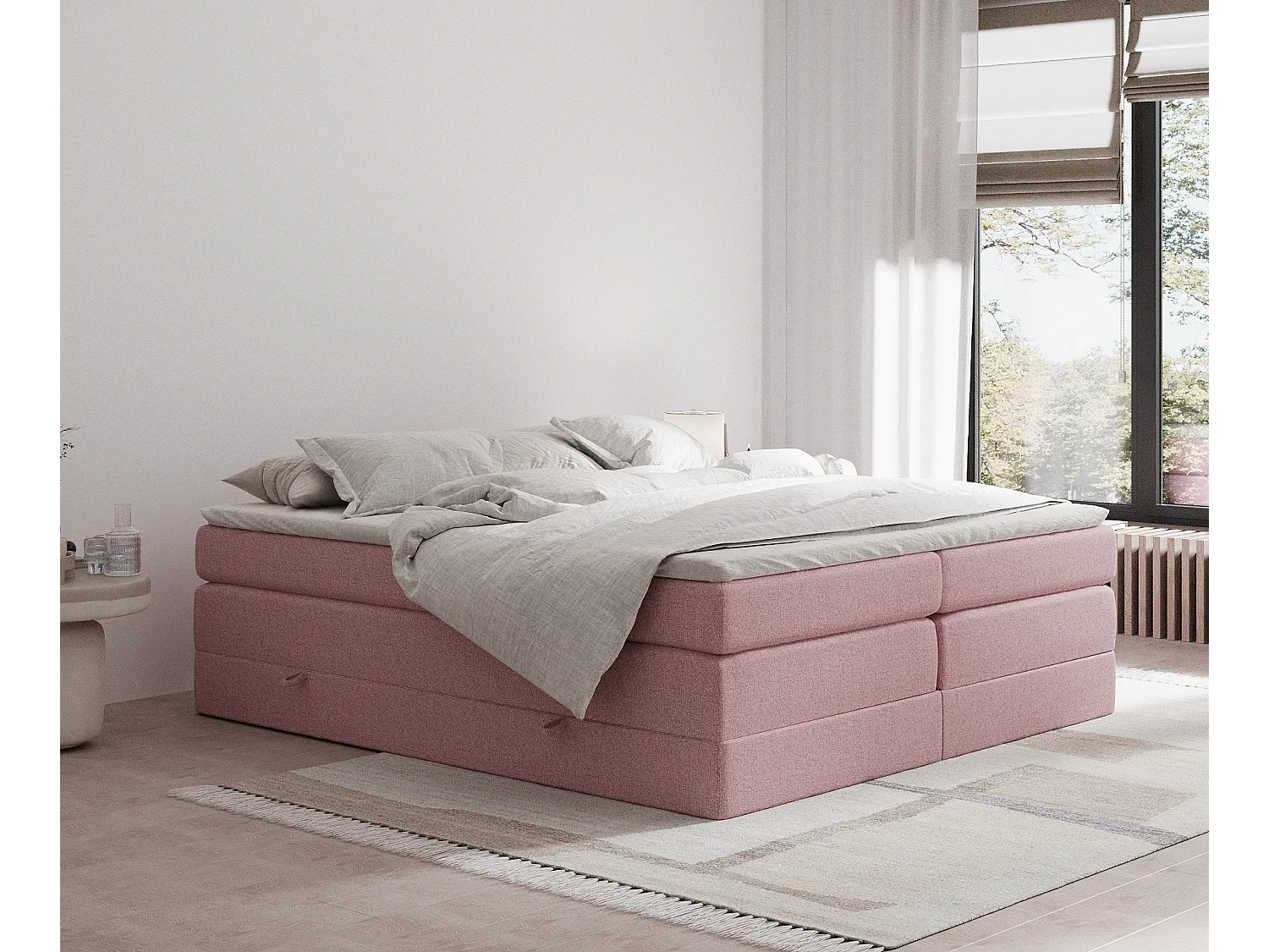 Łóżko boxspring w tkaninie plecionej Juniper - materac - topper - 140x200 cm - różowy 3981950 - obrazek 1
