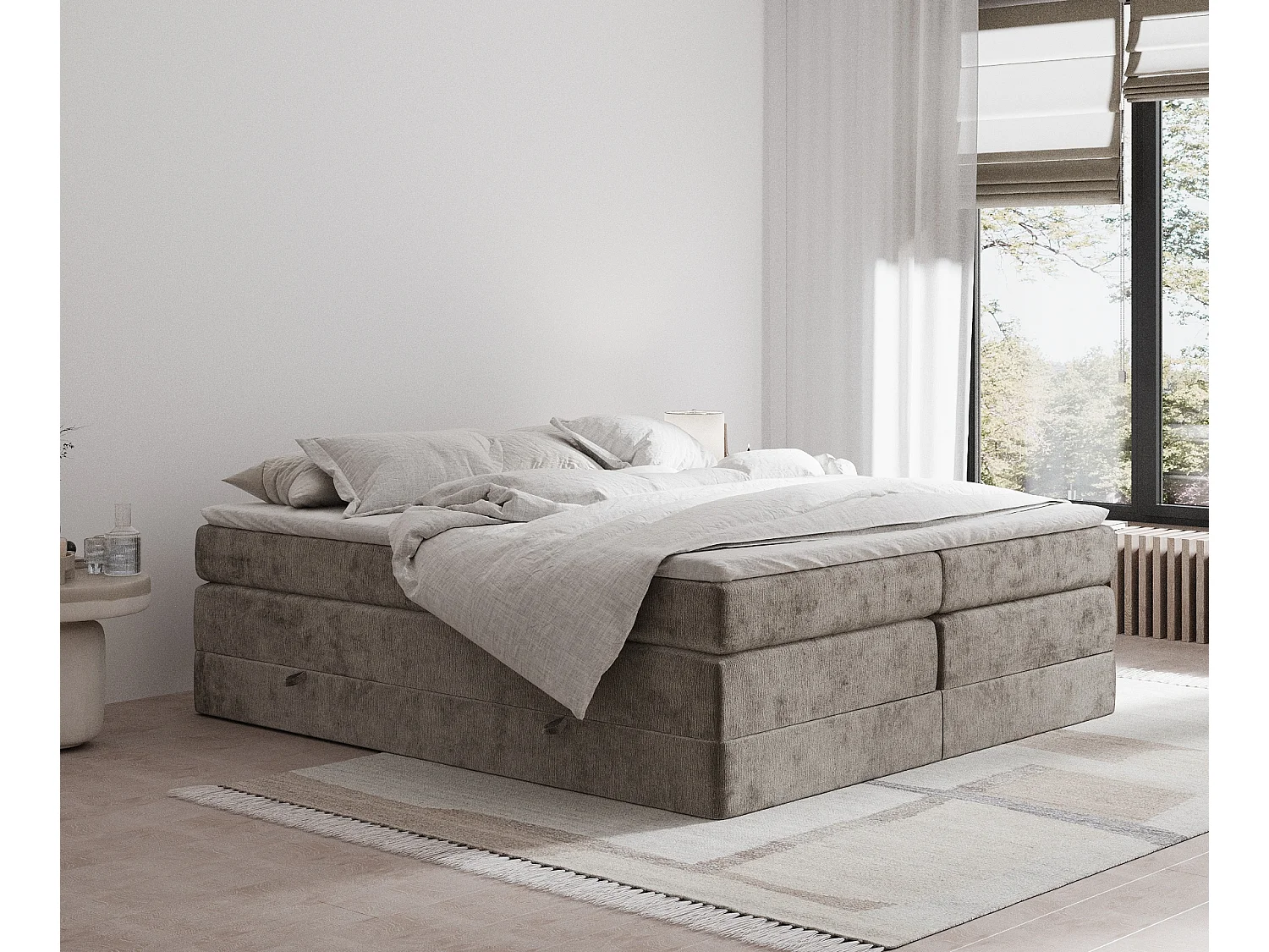 Łóżko boxspring w tkaninie szenilowej Juniper - materac - topper - 160x200 cm - brązowy 3981514 - obrazek 1