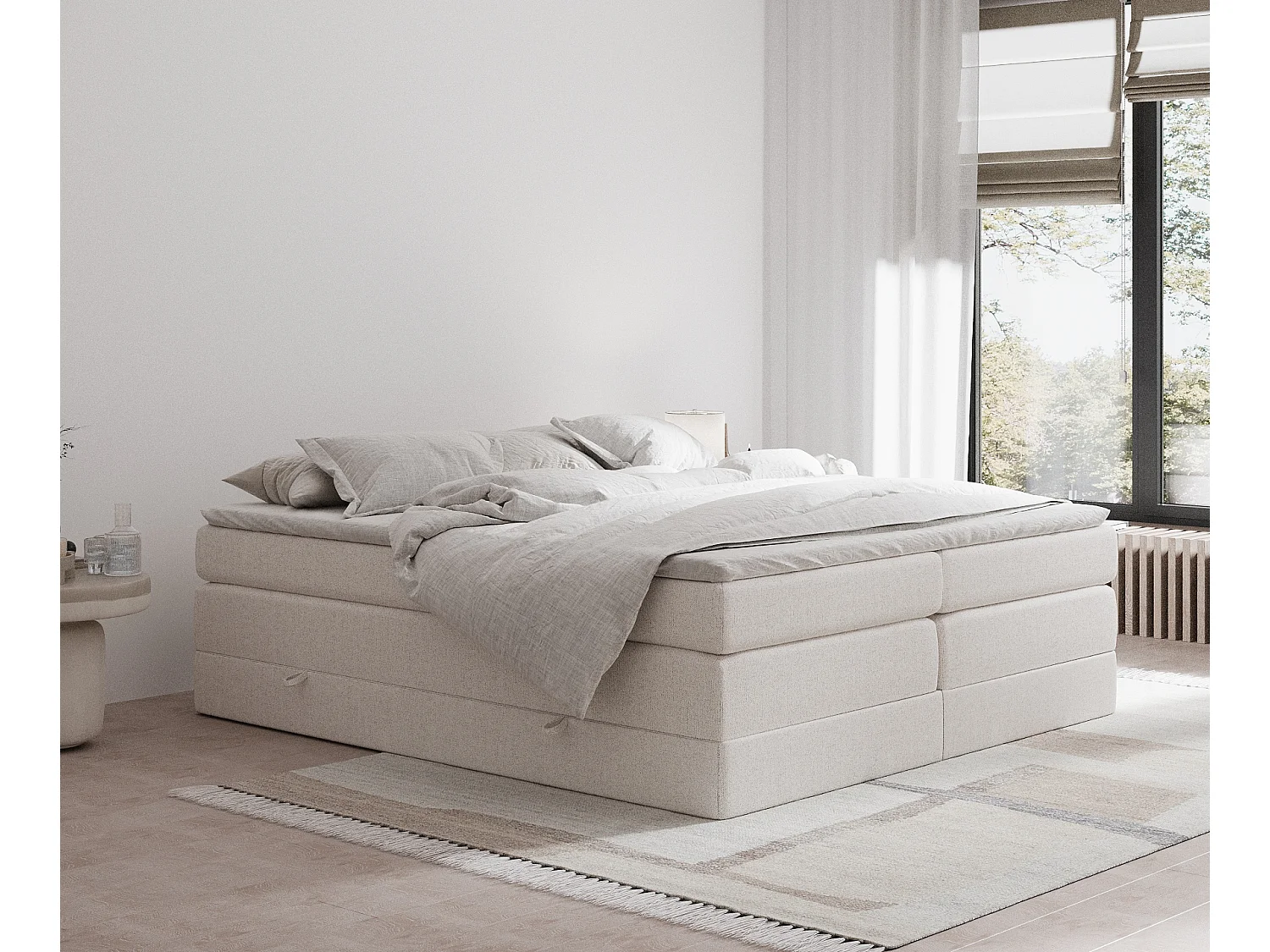Łóżko boxspring w tkaninie plecionej Juniper - materac - topper - 160x200 cm - beżowy 3981852 - obrazek 1