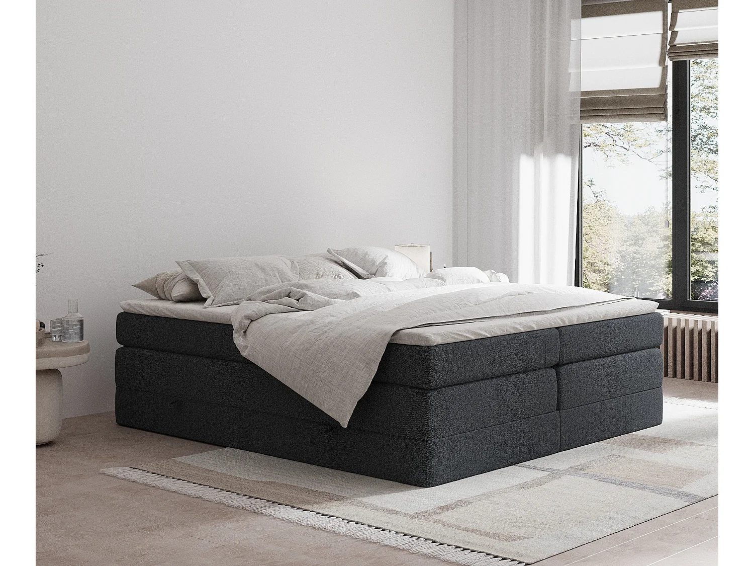 Łóżko boxspring w tkaninie plecionej Juniper - materac - topper - 140x200 cm - czarny 3981856 - obrazek 1