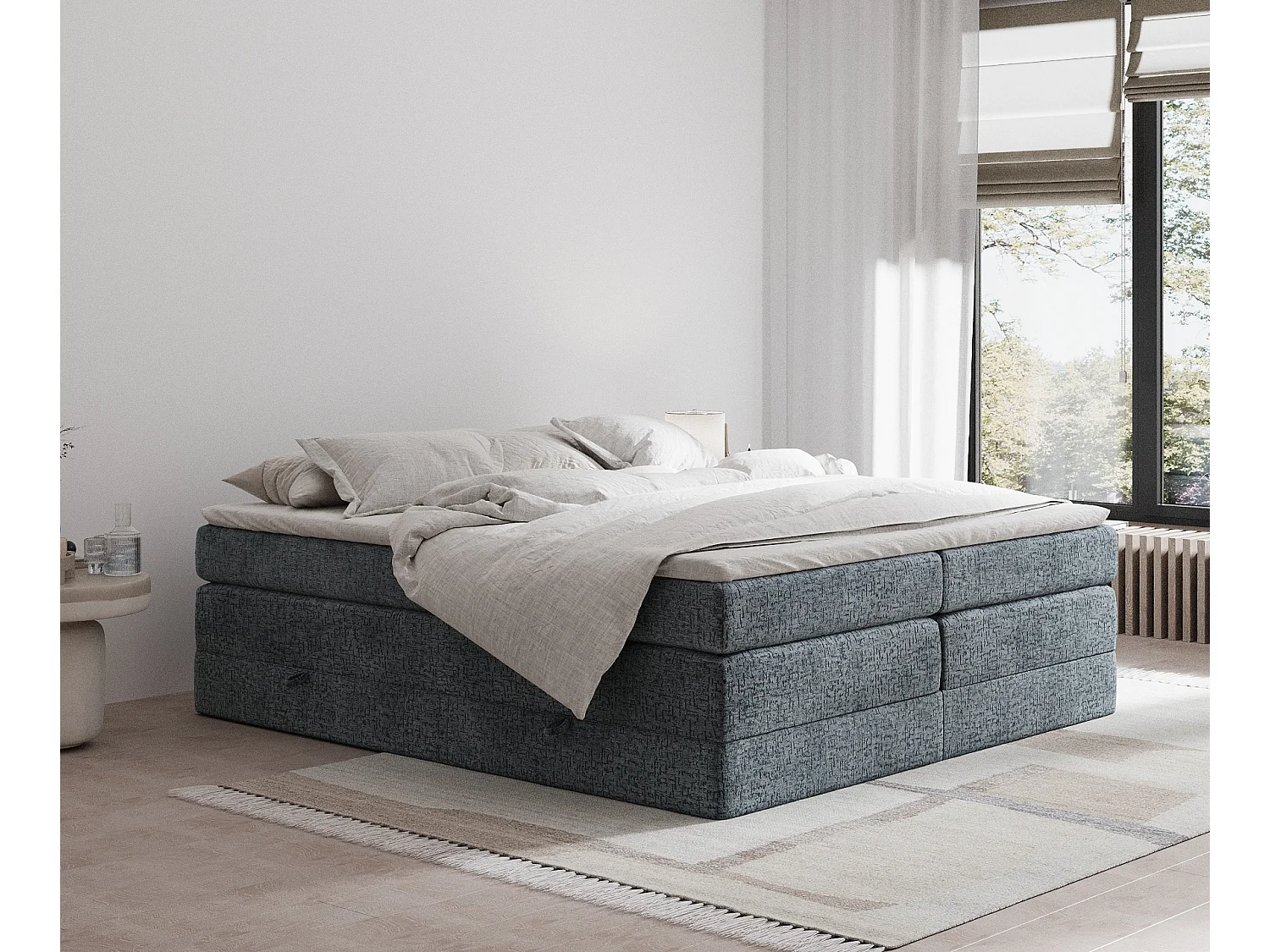 Łóżko boxspring w tkaninie szenilowej Juniper - materac - topper - 140x200 cm - szary 3981877 - obrazek 1
