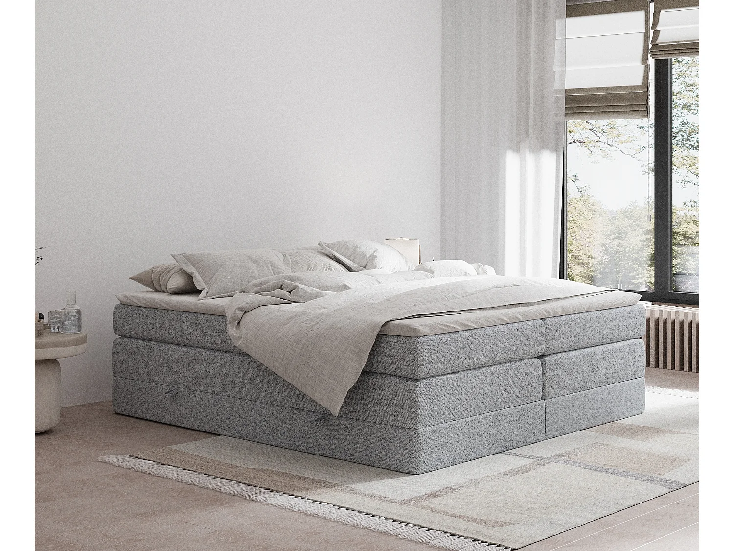 Łóżko boxspring w tkaninie plecionej Juniper - materac - topper - 160x200 cm - szary 3982073 - obrazek 1