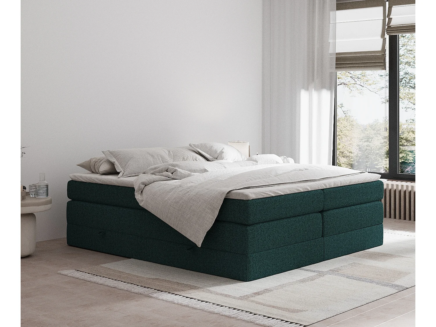 Łóżko boxspring w tkaninie plecionej Juniper - materac - topper - 200x200 cm - zielony 3982024 - obrazek 1