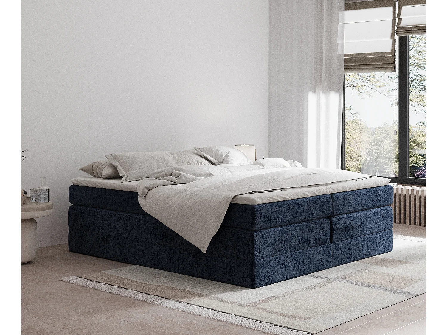 Łóżko boxspring w tkaninie szenilowej Juniper - materac - topper - 140x200 cm - granatowy 3982132 - obrazek 1