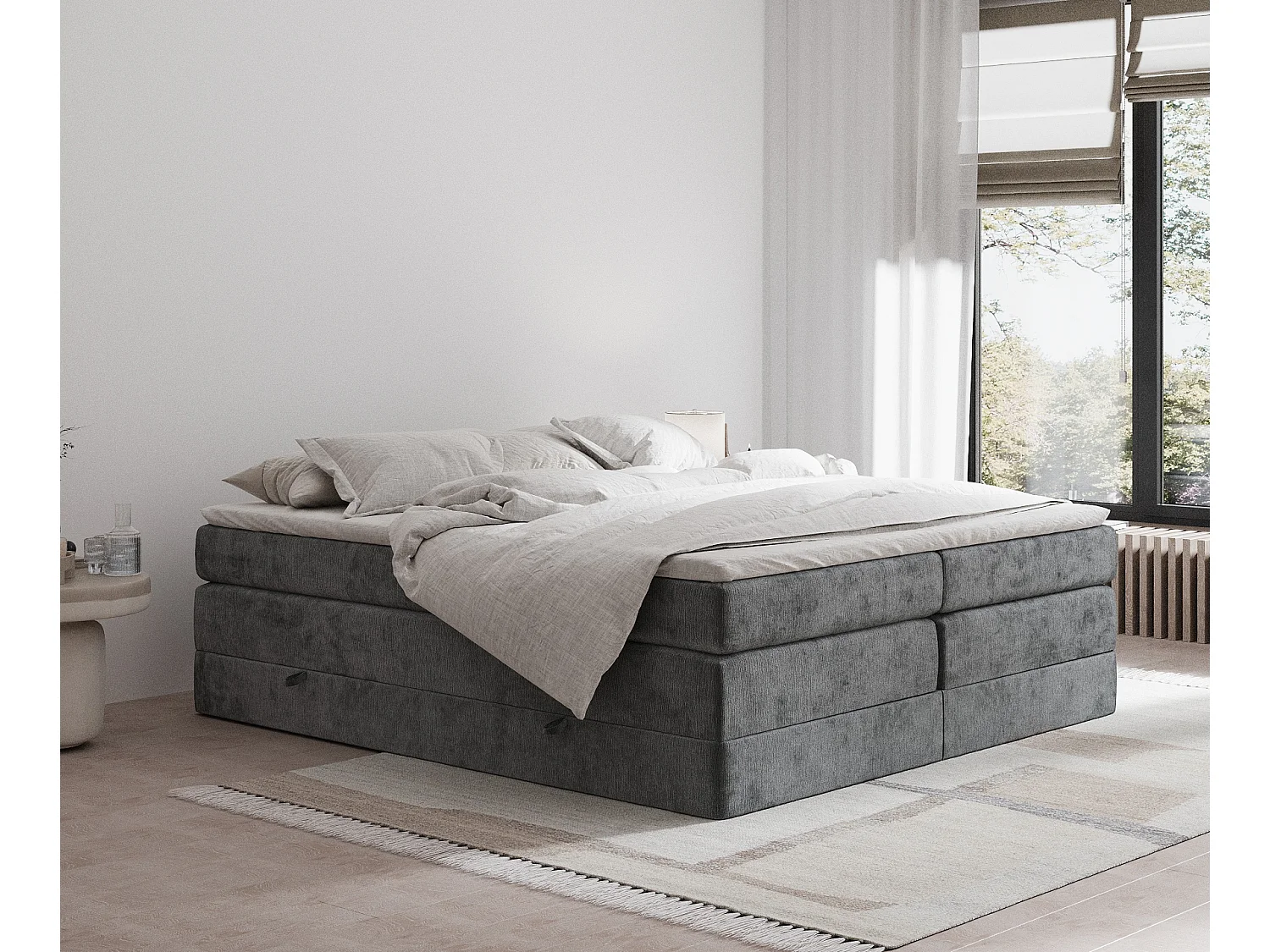 Łóżko boxspring w tkaninie szenilowej Juniper - materac - topper - 200x200 cm - ciemnoszary 3980982 - obrazek 1