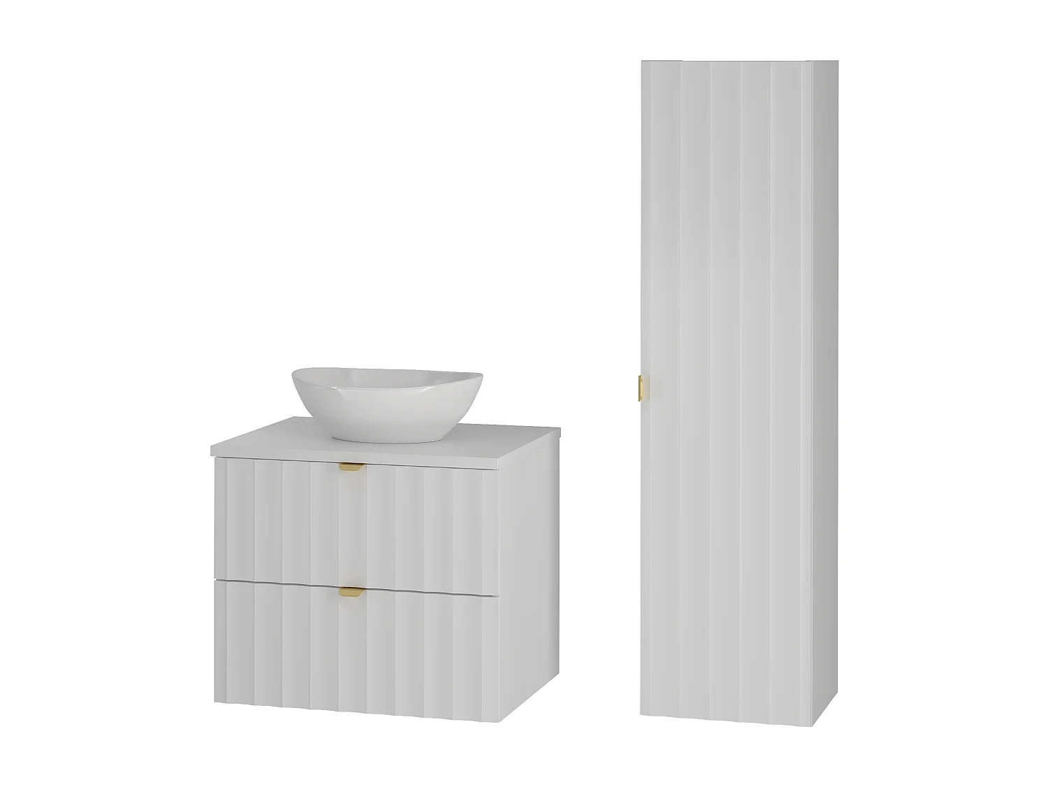 Biały Zestaw Łazienkowy 60cm Szafka z Blatem Umywalka Słupek Ryflowane Fronty Arcos 4580022