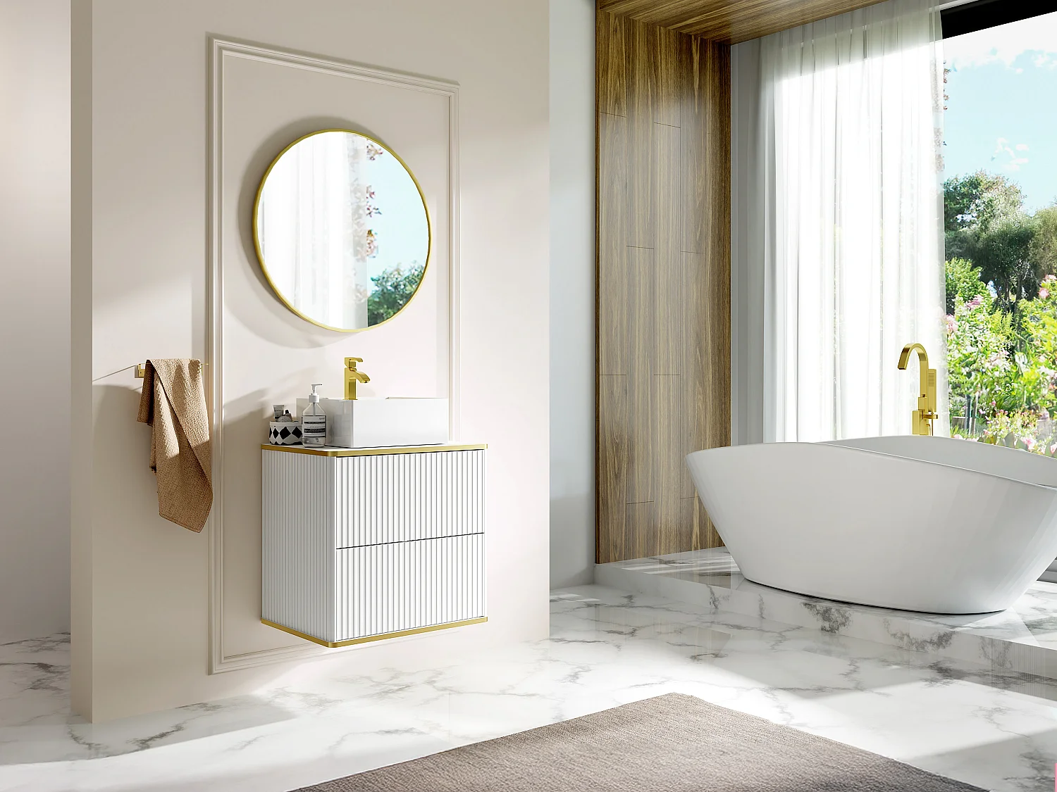 Szafka łazienkowa wisząca prążkowana ze złotą obwódką – Biała – 60 cm – KELIZA 4042734 - obrazek 1