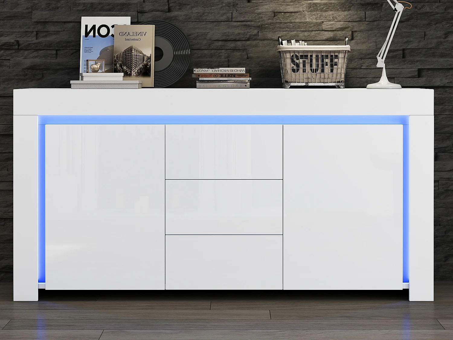 Buffet 140x40x65 cm - 3 szuflady i 2 drzwi - z oświetleniem LED - Błyszczące wykończenie - Biały 4620521 - obrazek 1