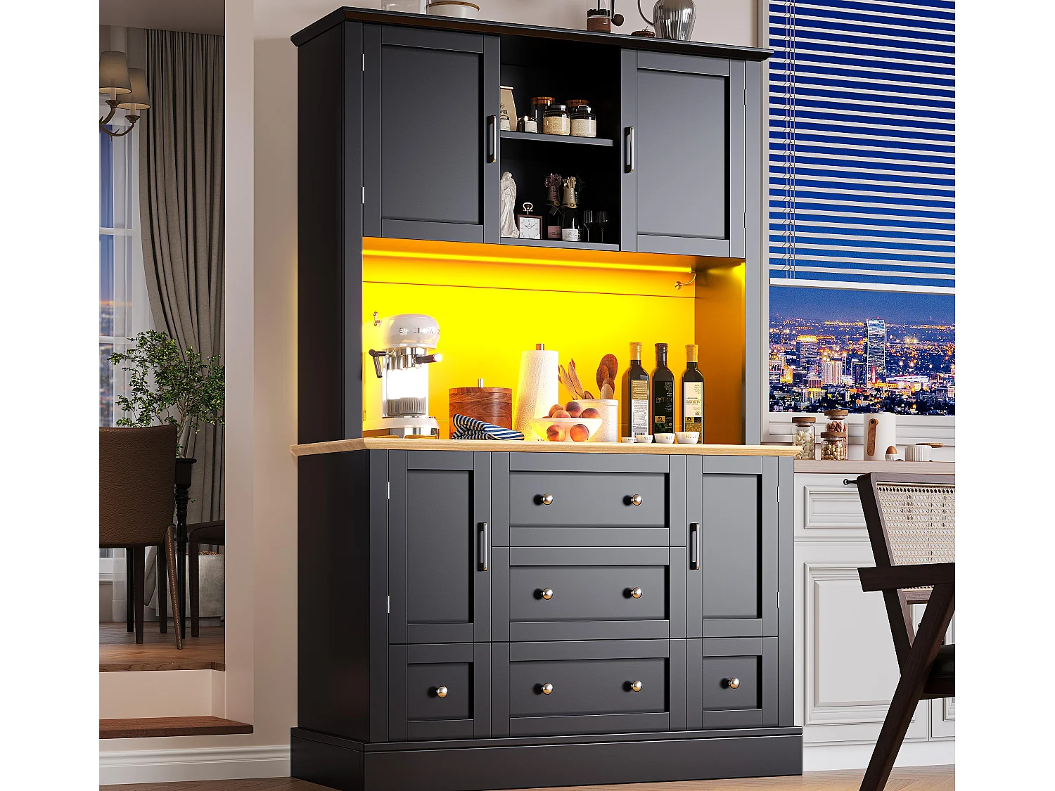 Buffet kuchenny 115x40x180 cm - 4 drzwi + 3 szuflady - wysoki mebel - z oświetleniem LED - Styl nowoczesny - Czarny 4620523 - obrazek 1