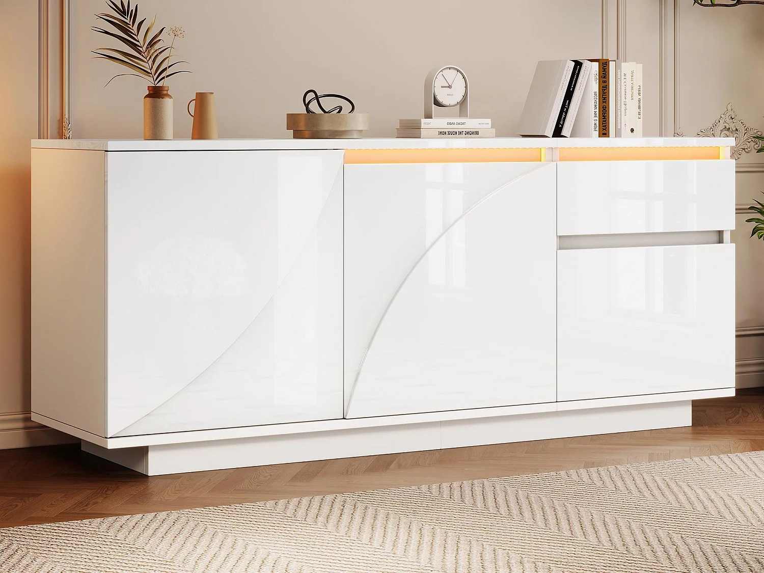 Buffet 140x40x60 cm błyszczący - 3 drzwi i 1 szuflada - z oświetleniem LED - z regulowanymi półkami - MDF - Biały 4620530 - obrazek 1
