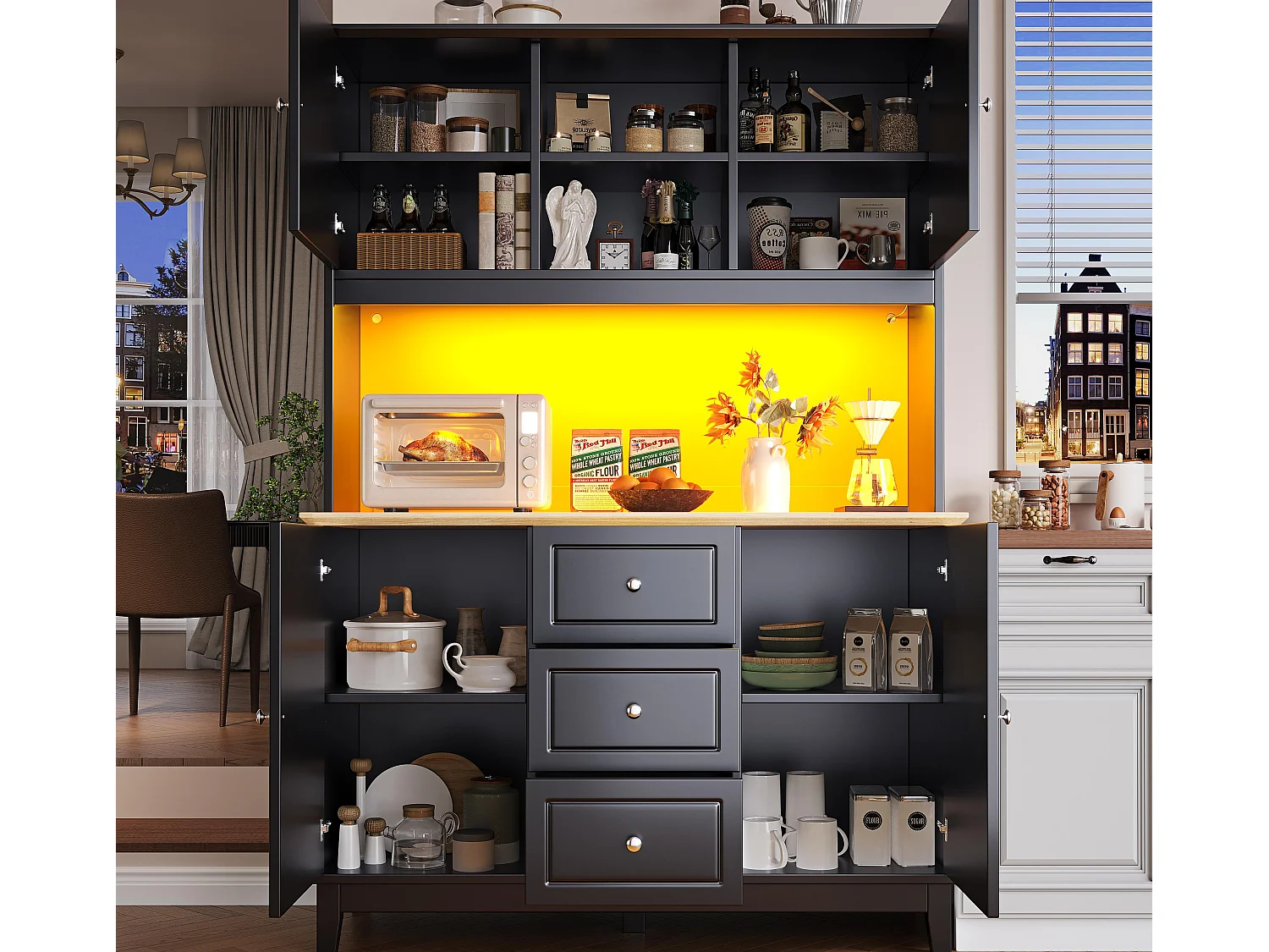 Buffet kuchenny 120x40x180 cm - 4 drzwi + 3 szuflady - wysoki mebel - z oświetleniem LED - Styl nowoczesny - Czarny 4620529 - obrazek 1