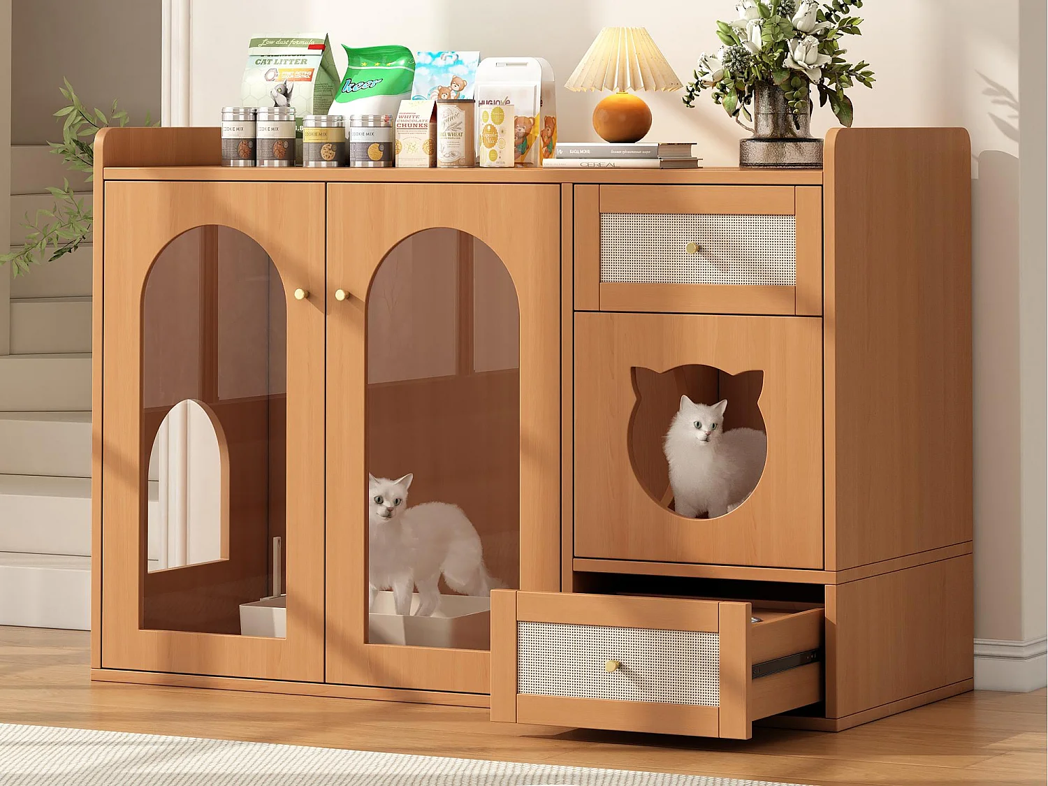 Buffet 120x45x83cm - 2 miski dla kota - 2 szuflady i 2 drzwi - naturalny 4620549 - obrazek 1