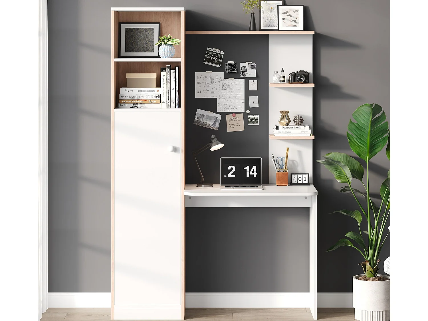 Biurko 123.5x45x168.5 cm – 1 drzwi – z otwartymi półkami – MDF – biały + naturalny 4620561