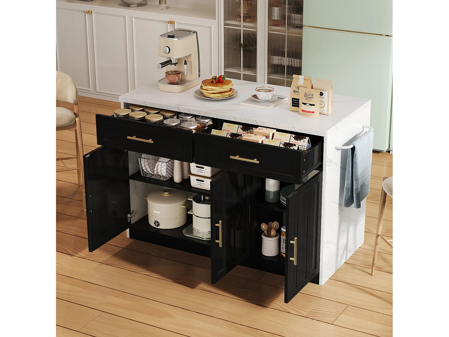 Centralna wyspa kuchenna z 3 drzwiami + 2 szufladami - 120 x 60 x 91 cm - z gniazdkami + USB - MDF - czarna 4620619 - obrazek 1