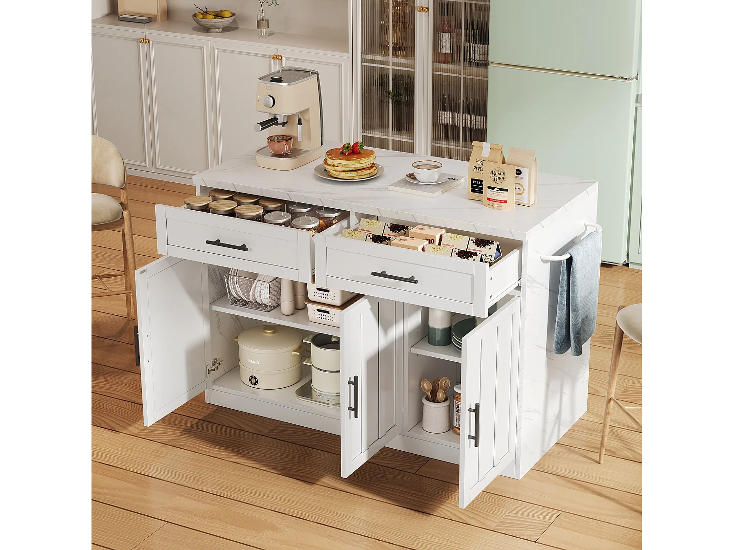 Centralna wyspa kuchenna z 3 drzwiami + 2 szufladami - 120 x 60 x 91 cm - z gniazdkami + USB - MDF - biała 4620618 - obrazek 1