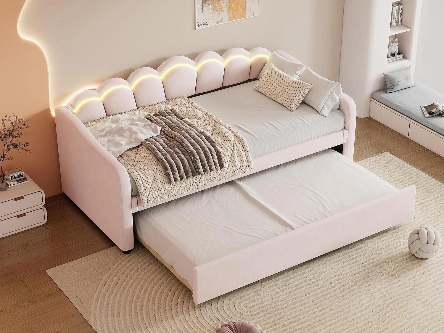 Łóżko banquette 90x200cm z LED + łóżko wysuwane 90x190cm - tapicerowane tkaniną welurową - Różowe (materac nie jest w zestawie) 3427362 - obrazek 1