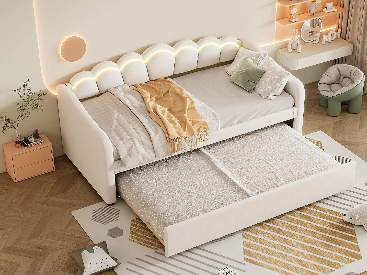 Łóżko banquette 90x200cm z LED + łóżko wysuwane 90x190cm - tapicerowane tkaniną welurową - Beżowe (materac nie jest w zestawie) 3427368 - obrazek 1