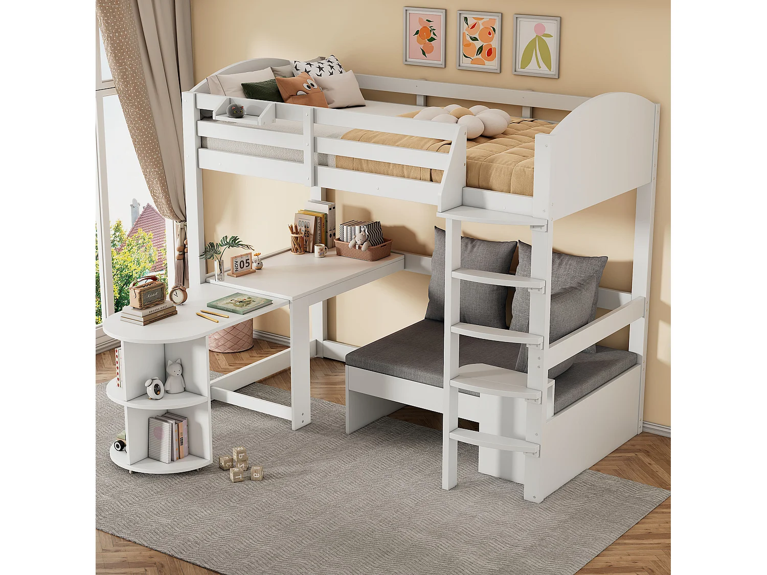 Łóżko antresolowe 90 x 200 cm ze stołem rozkładanym + sofa i 3 poduszkami + poduszki - Drewno - Białe 4623649 - obrazek 1
