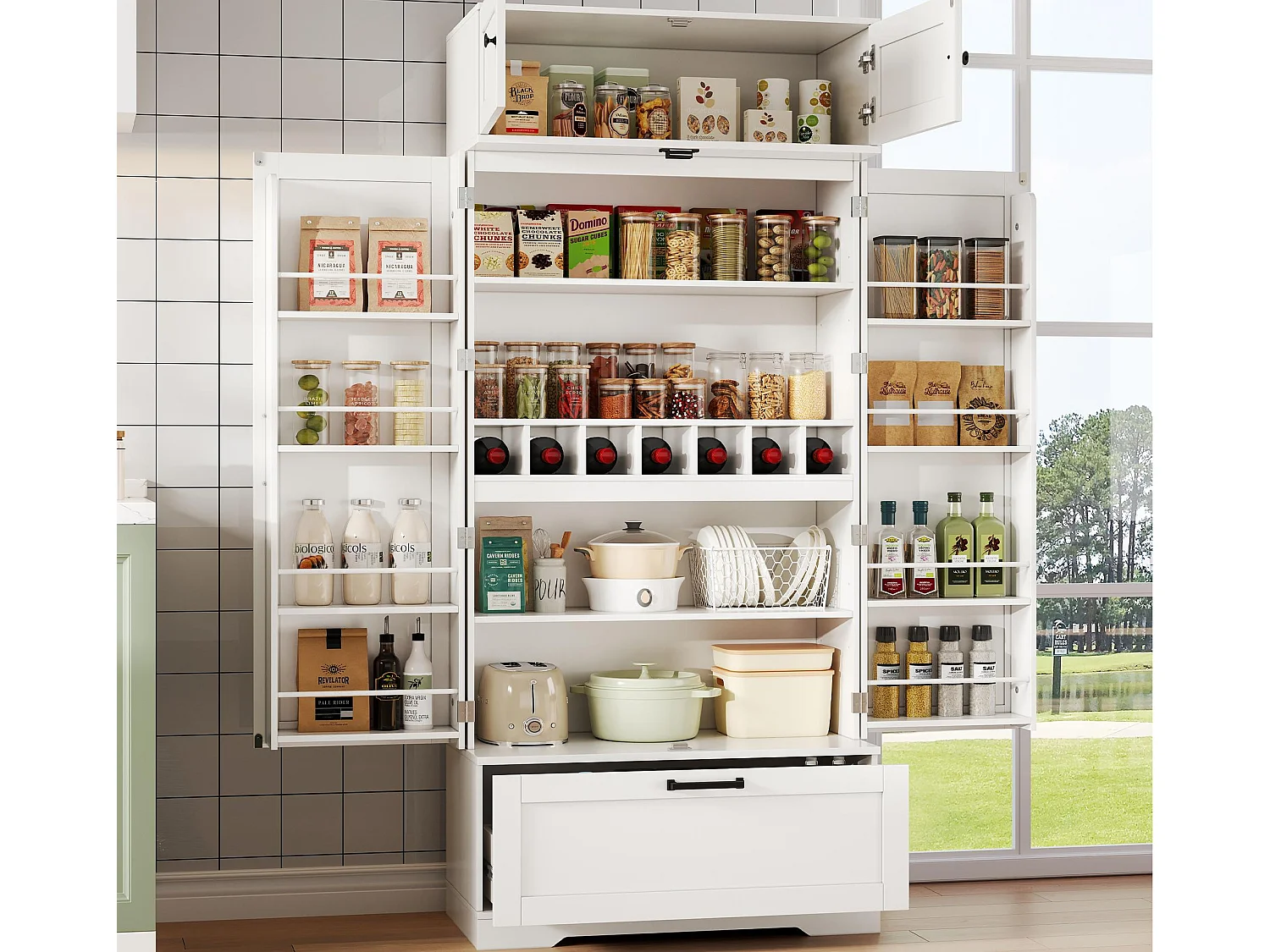 Buffet kuchenny 80x40x180 cm - z regulowanymi półkami i stojakiem na wino - z 1 szufladą i 4 drzwiami - Biały 4625906 - obrazek 1