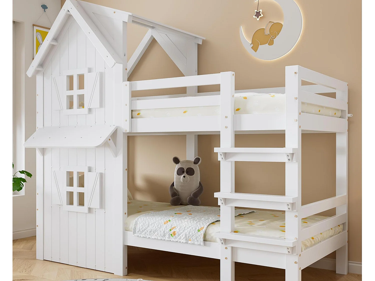 Łóżka piętrowe dziecięce 90×200 cm – z ładnymi oknami i dachem – z drabiną 3-stopniową – drewno lite + MDF + sklejka – Biały 4625924
