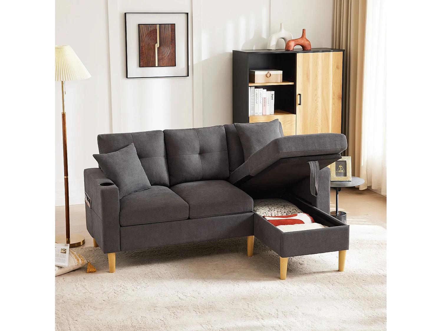 Ciemnoszara sofa 3-osobowa – narożnik z 2 poduszkami i uchwytem na kubek – kieszenie boczne i schowek – bawełna i len 4626504