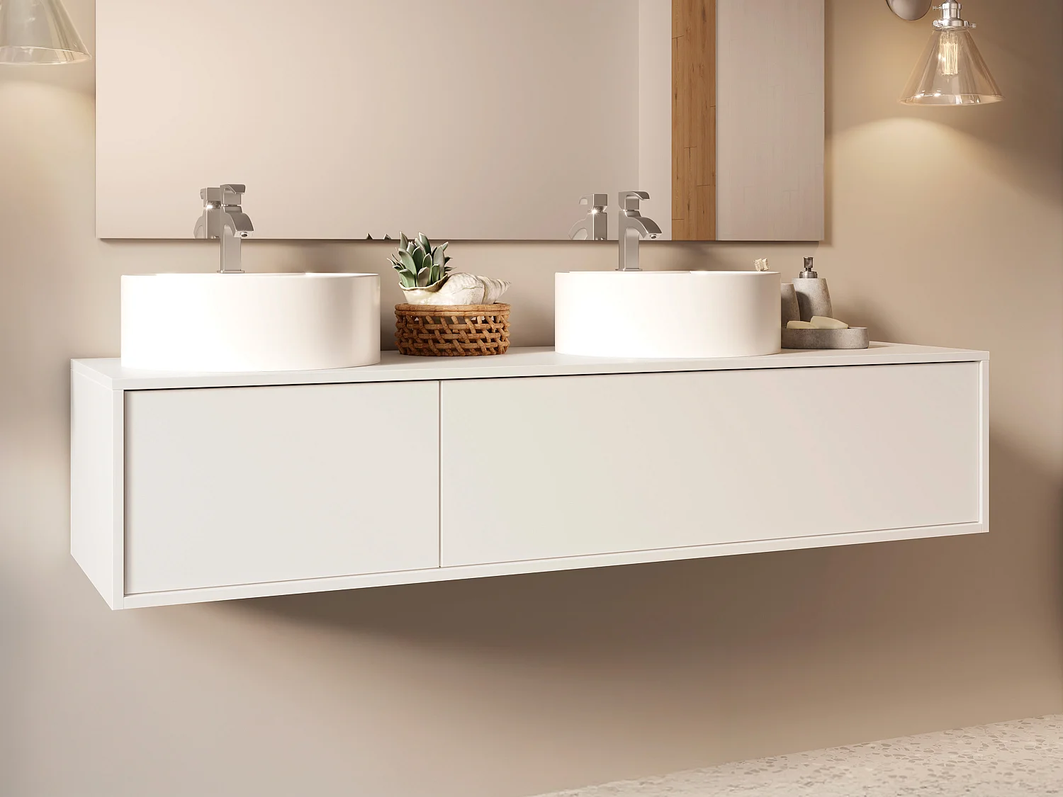 Wisząca szafka z podwójną umywalką do łazienki, w kolorze białym - L150 cm - ISAURE II 4620638 - obrazek 1