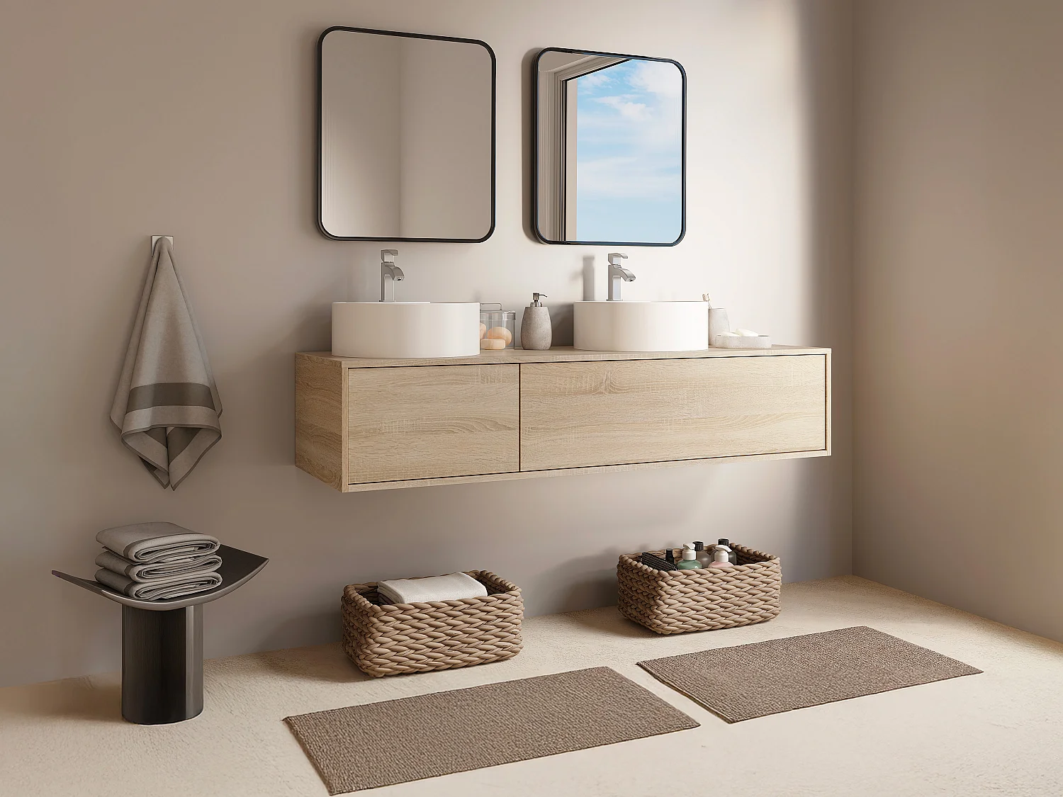 Wisząca szafka z podwójną umywalką do łazienki, w jasnym, naturalnym kolorze - L150 cm - ISAURE II 4620637 - obrazek 1