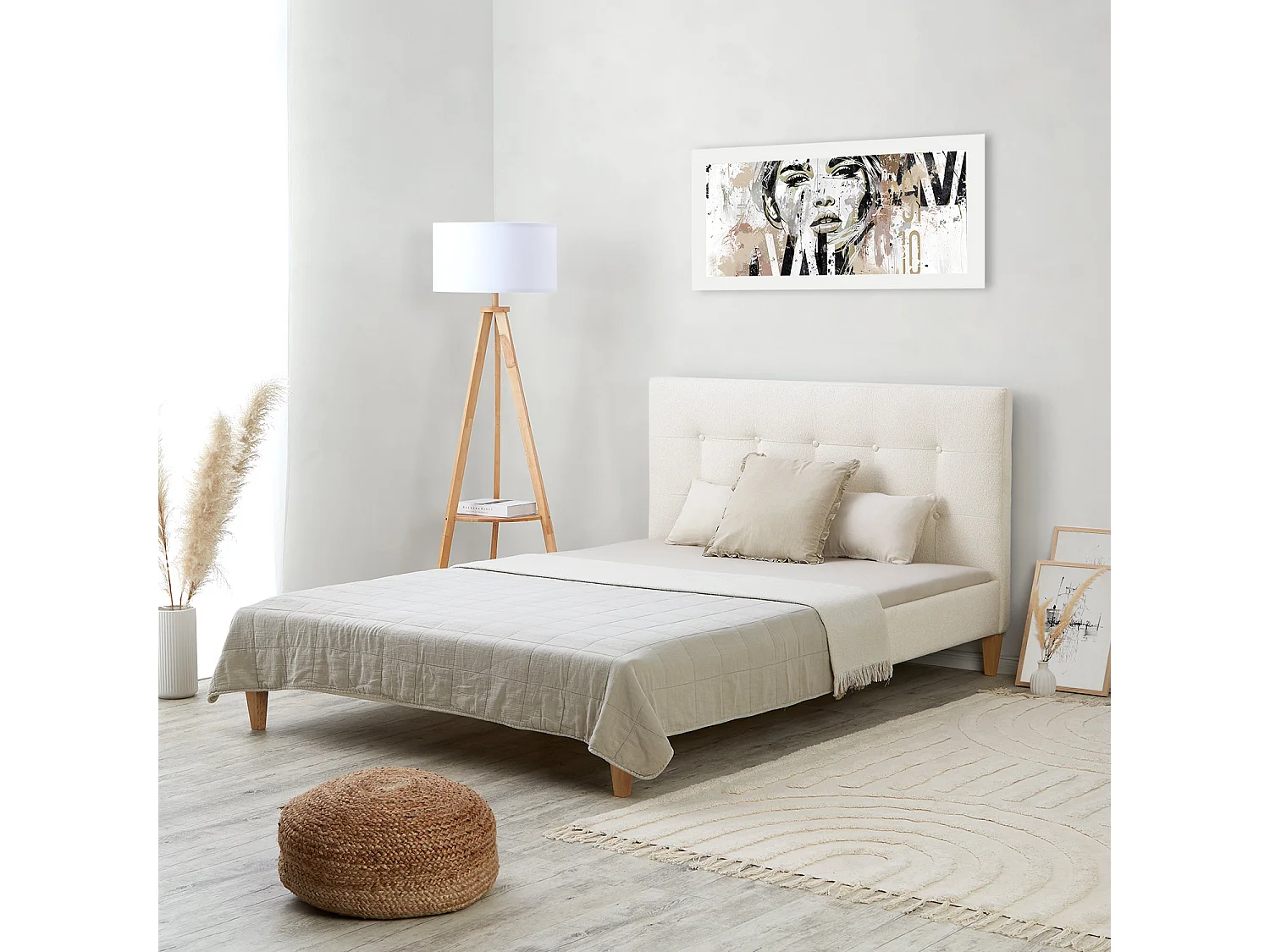 Łóżko 140x200 cm beżowe Tapicerowane łóżko z ramą listwową Tapicerowana rama łóżka 4644266 - obrazek 1