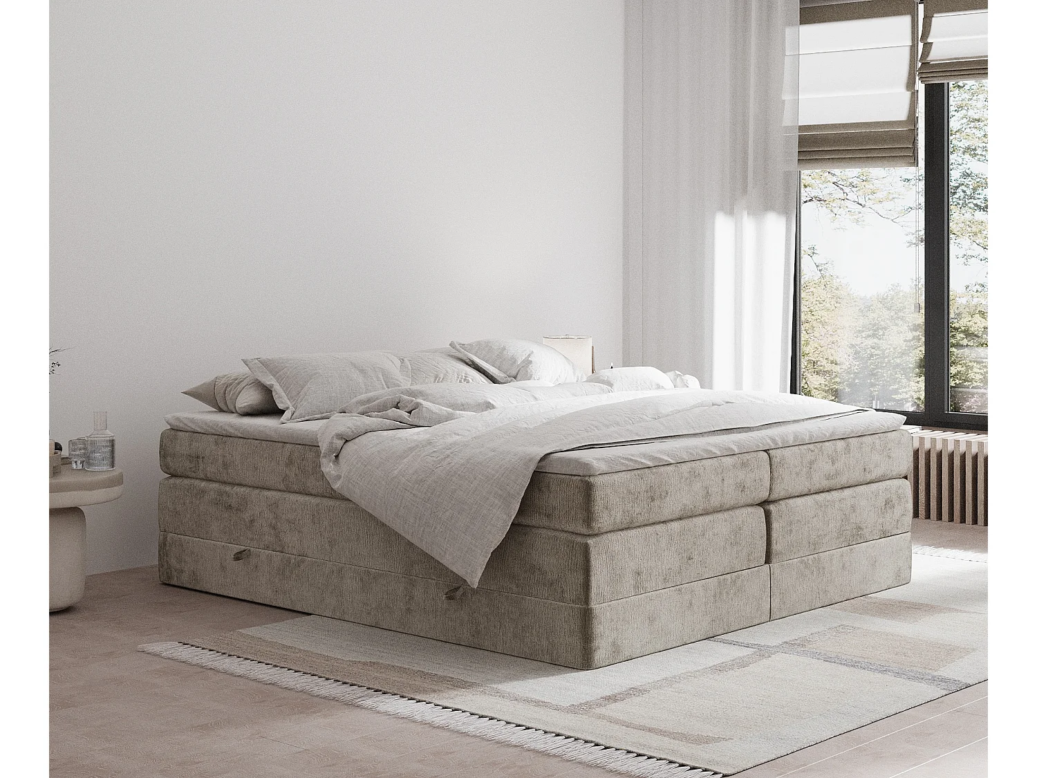 Łóżko boxspring w tkaninie szenilowej Juniper - materac - topper - 200x200 cm - beżowy 3981313 - obrazek 1