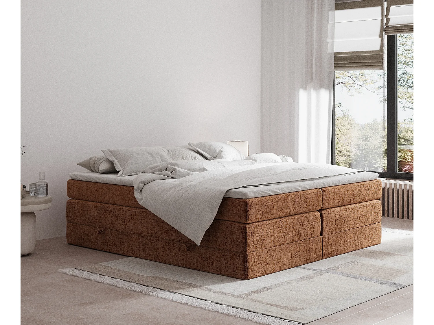 Łóżko boxspring w tkaninie szenilowej Juniper - materac - topper - 160x200 cm - miedziany 3980879 - obrazek 1