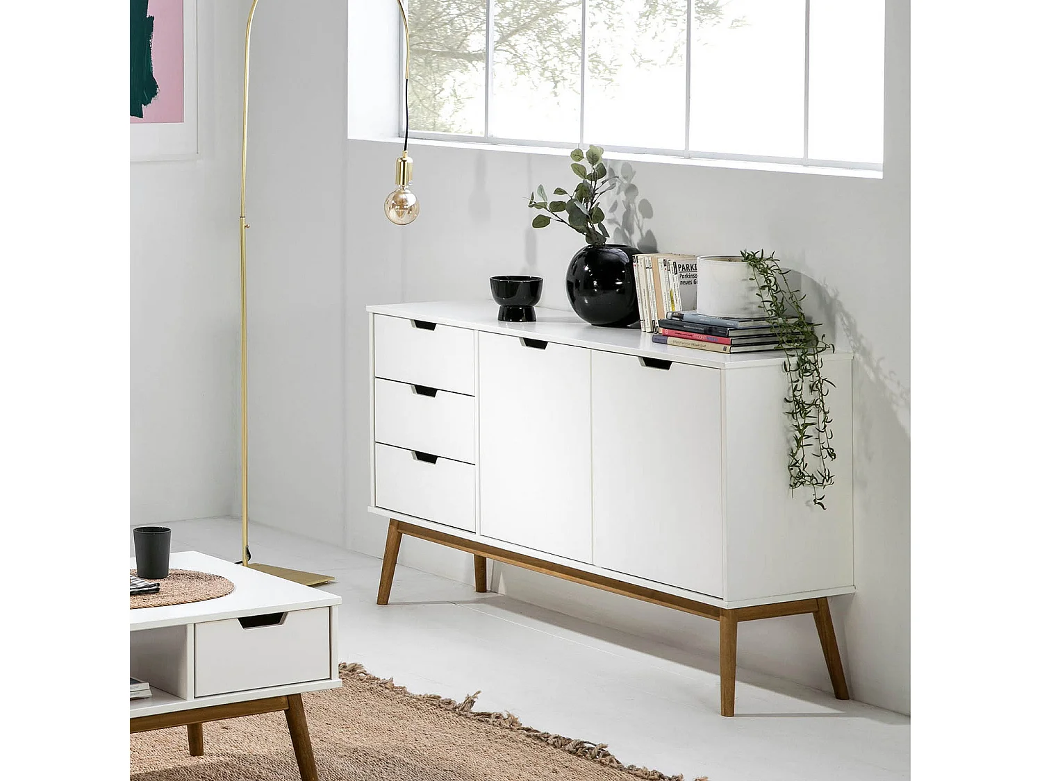 Bufet Colummn Baku 3 szuflady 2 drzwi białe, sosna masowa, długość 140 cm. 451667