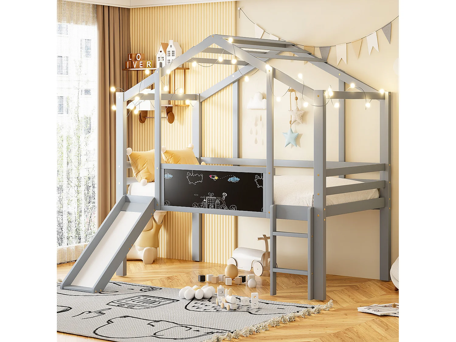Łóżko antresolowe 90x200 cm z drabinką i zjeżdżalnią, tablica do rysowania – szare (bez materaca) 4699310 - obrazek 1