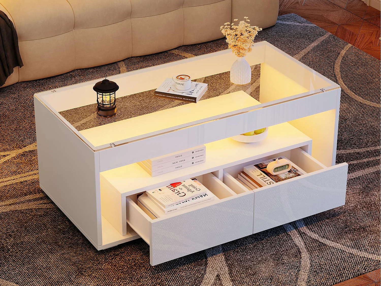 Błyszczący stolik kawowy 100x50x40 cm – z 2 szufladami – z oświetleniem LED – Blat szklany – Biały 4711217