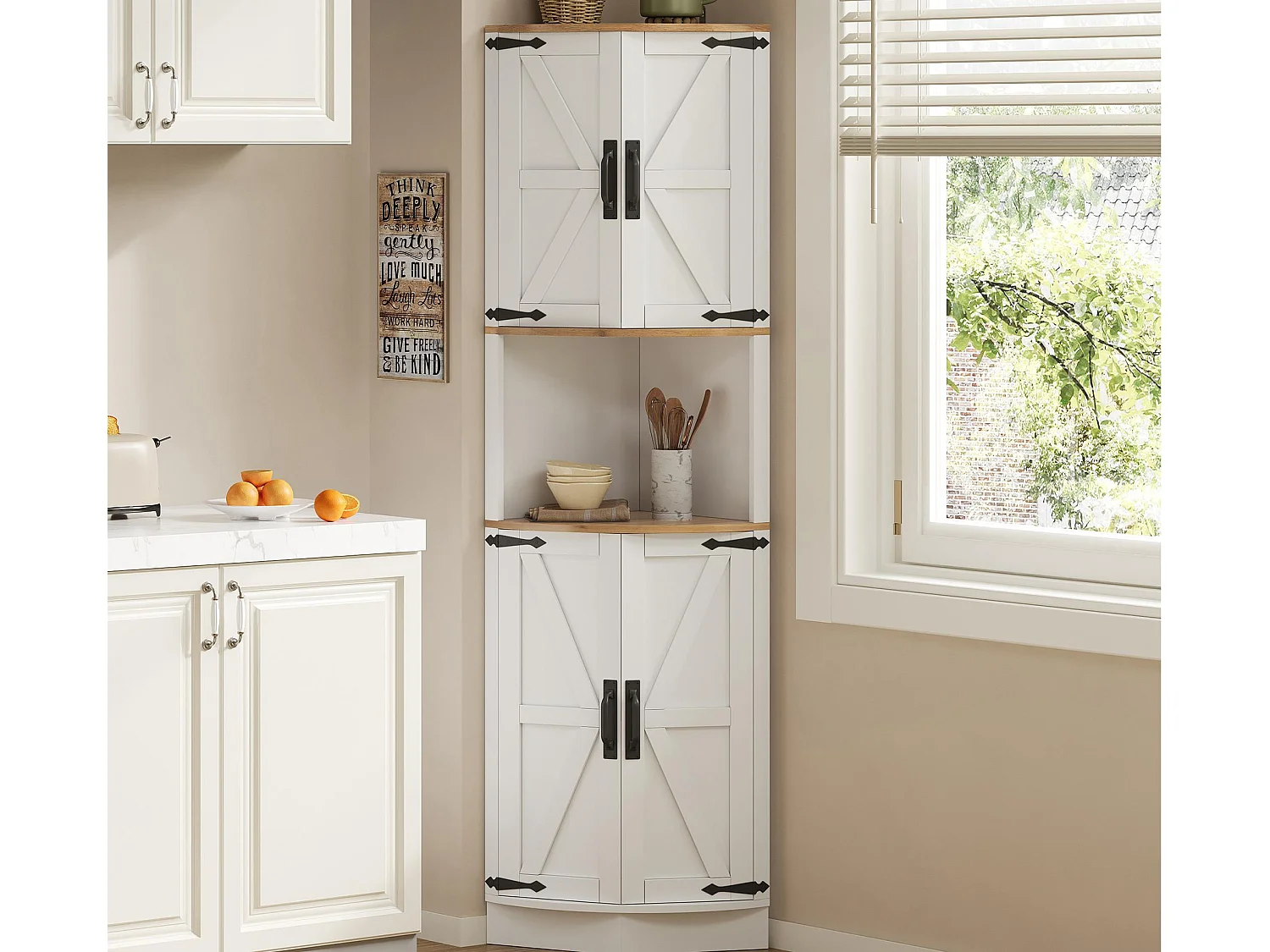 Bufet kuchenny 39.5×39.5×180 cm – z 4 drzwiami i 5 przegrodami – design retro – Biały 4711221