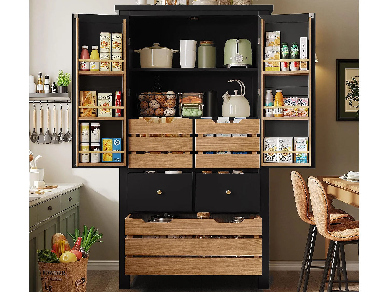 Buffet kuchenny 80x40x140cm - 2 fronty + 2 szuflady - Z wyjmowanym brązowym koszem na przekąski - Czarny 4727501 - obrazek 1