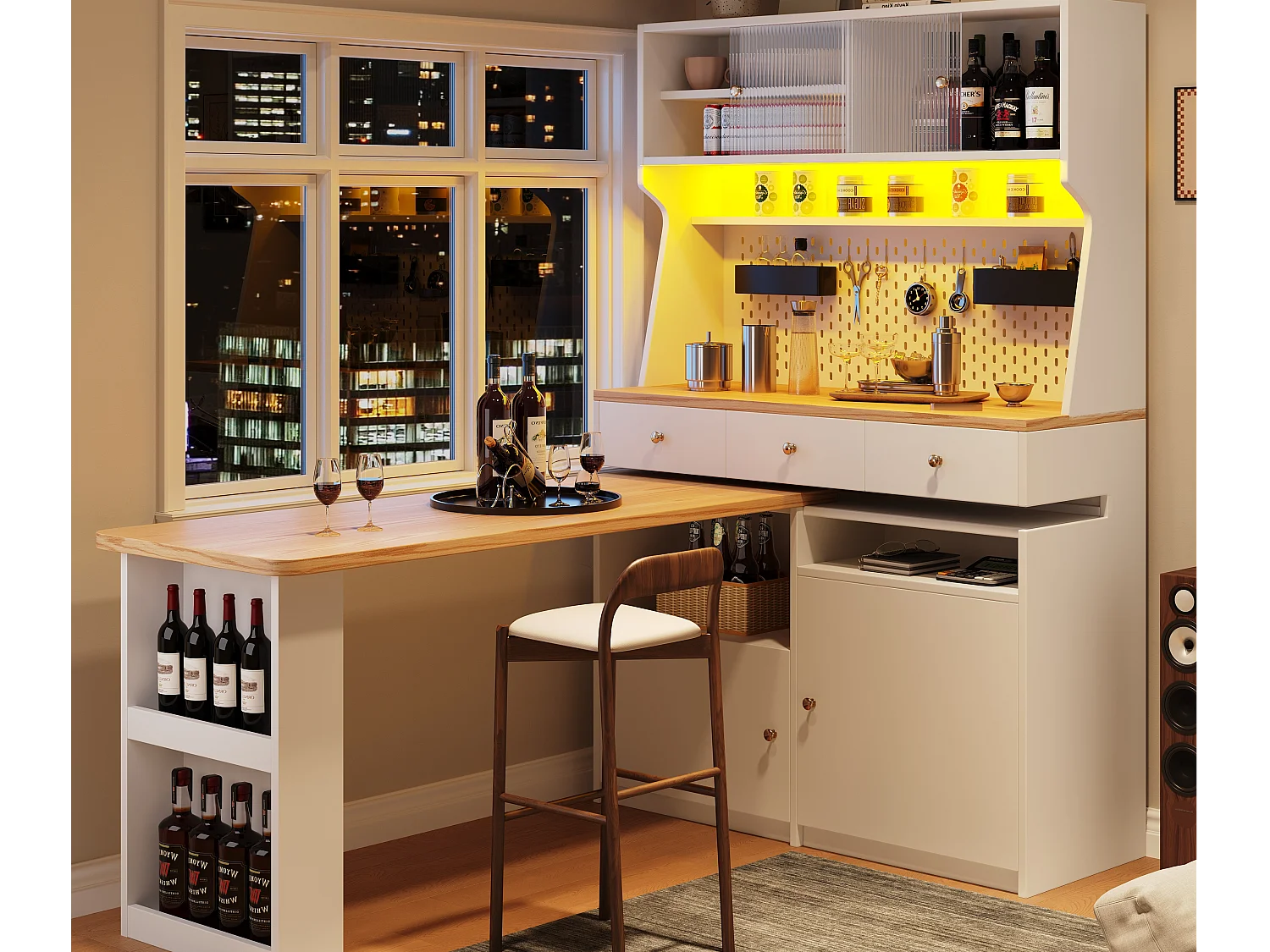 Buffet kuchenny - Z wysuwanym, obrotowym blatem barowym - Z oświetleniem LED - 2 fronty + 3 szuflady - Biały 4727504 - obrazek 1