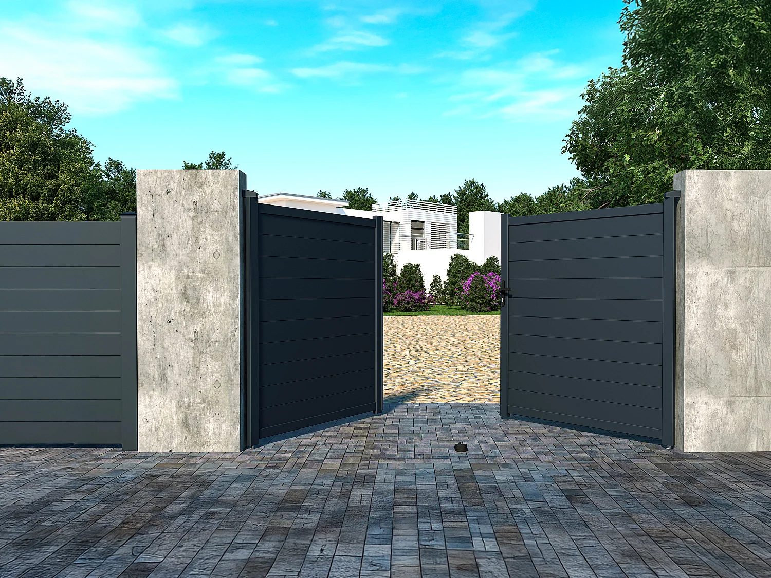 Brama wjazdowa rozwierna NAZARIO, pełna, z aluminium w kolorze antracytowym – 300 × 173 cm (szer. × wys.) 124029