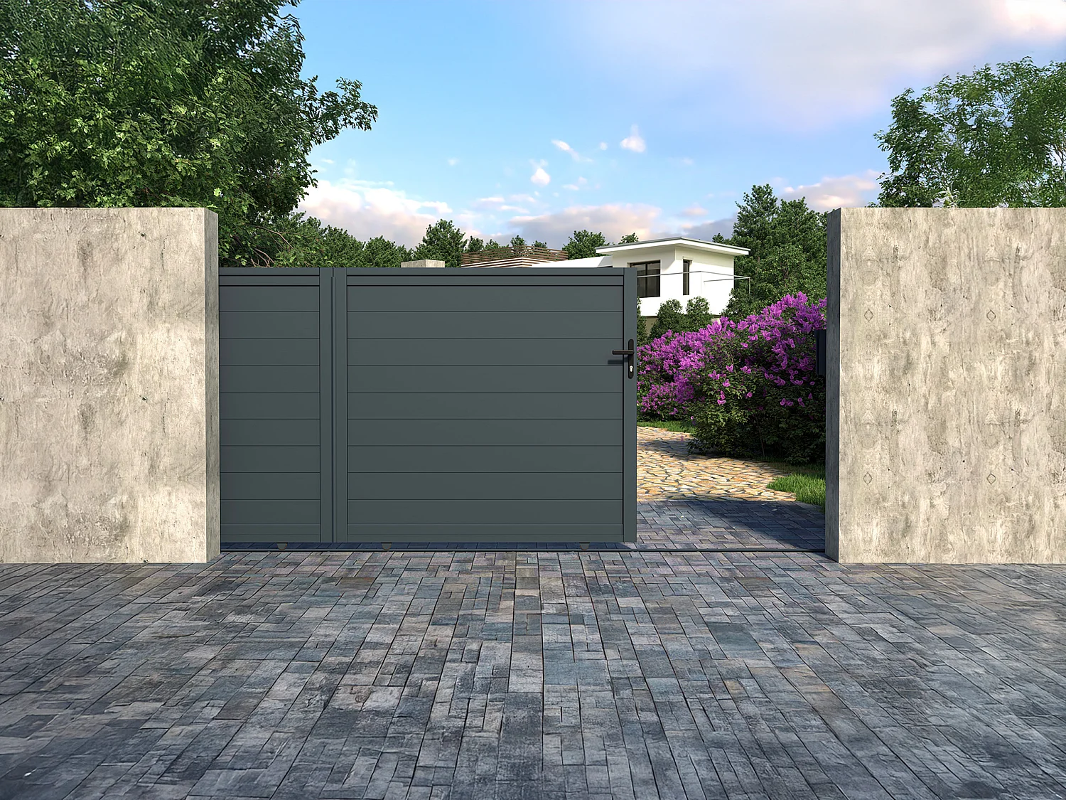 Brama wjazdowa przesuwna NAZARIO, pełna, z aluminium w kolorze antracytowym – 350 × 158 cm 124049