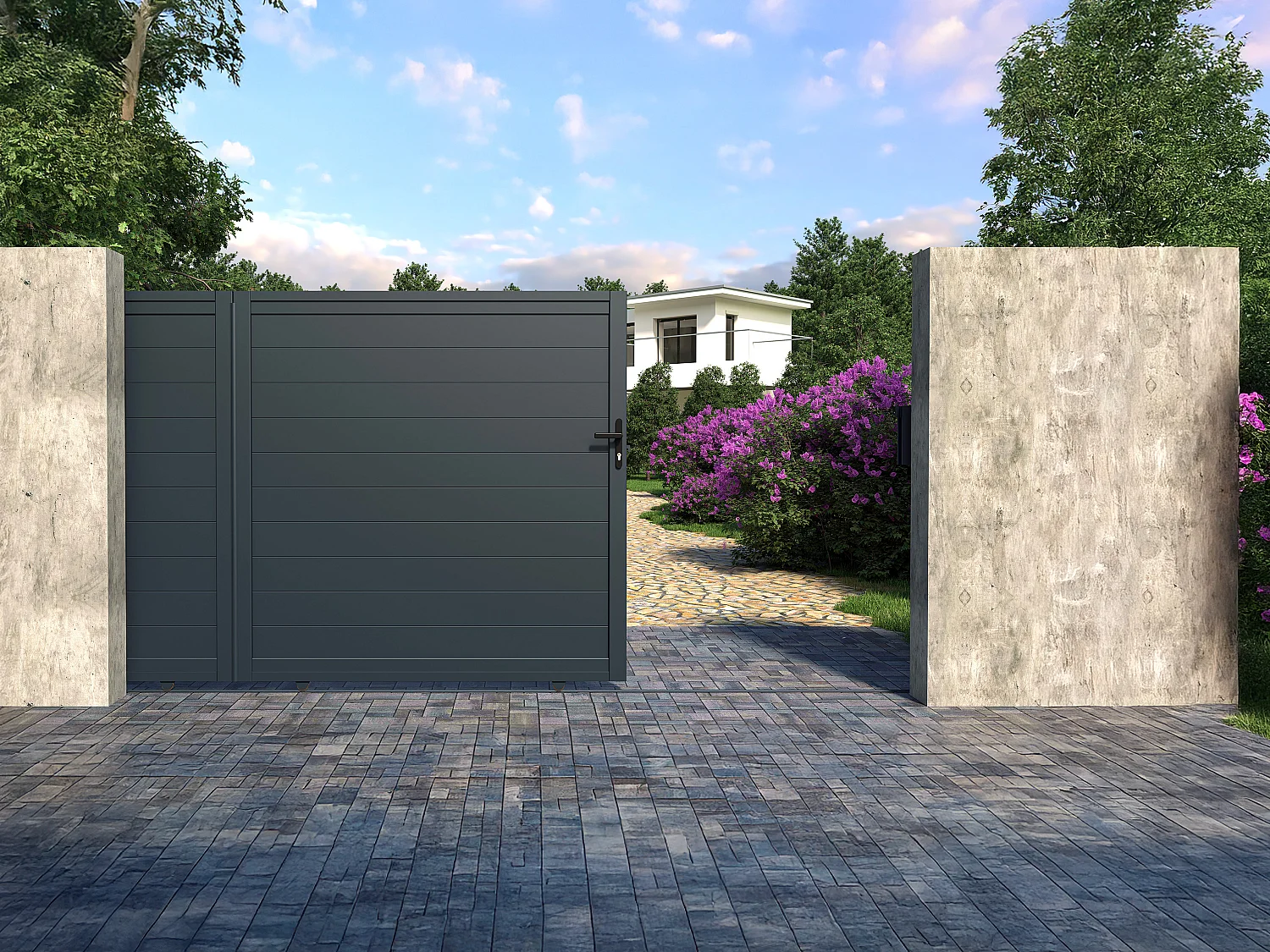 Brama wjazdowa przesuwna NAZARIO, pełna, z aluminium w kolorze antracytowym – 350 × 173 cm 124051