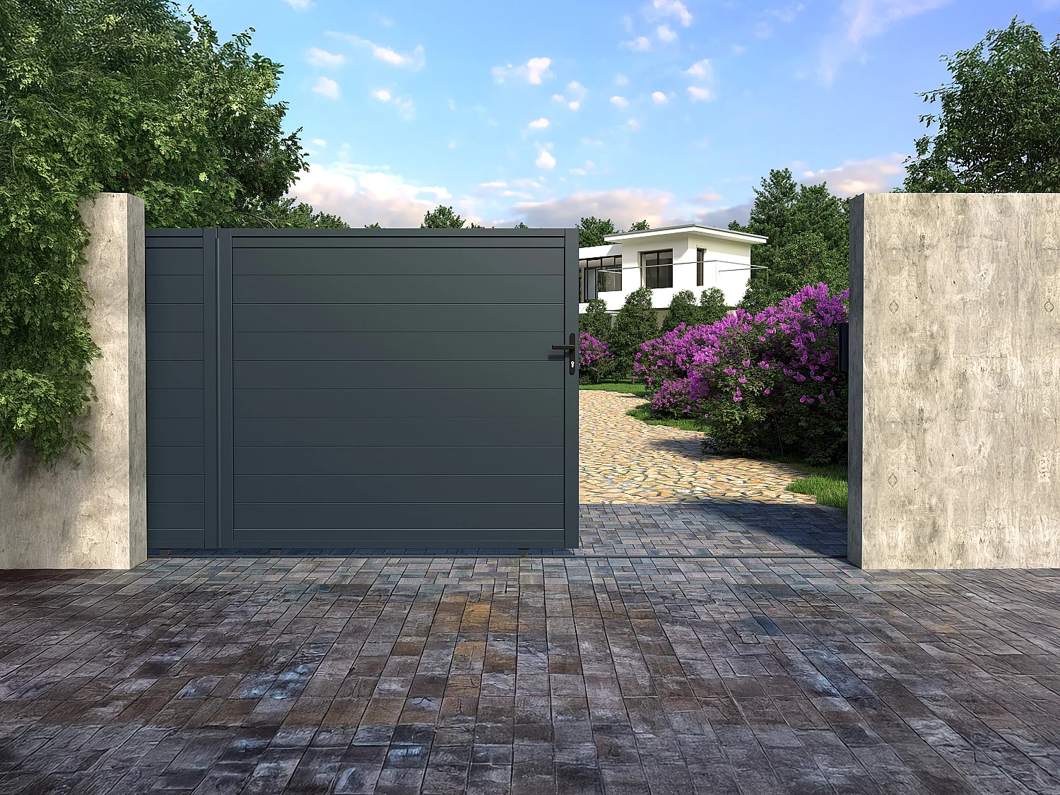 Brama wjazdowa przesuwna NAZARIO, pełna, z aluminium w kolorze antracytowym – 392 × 173 cm 124043