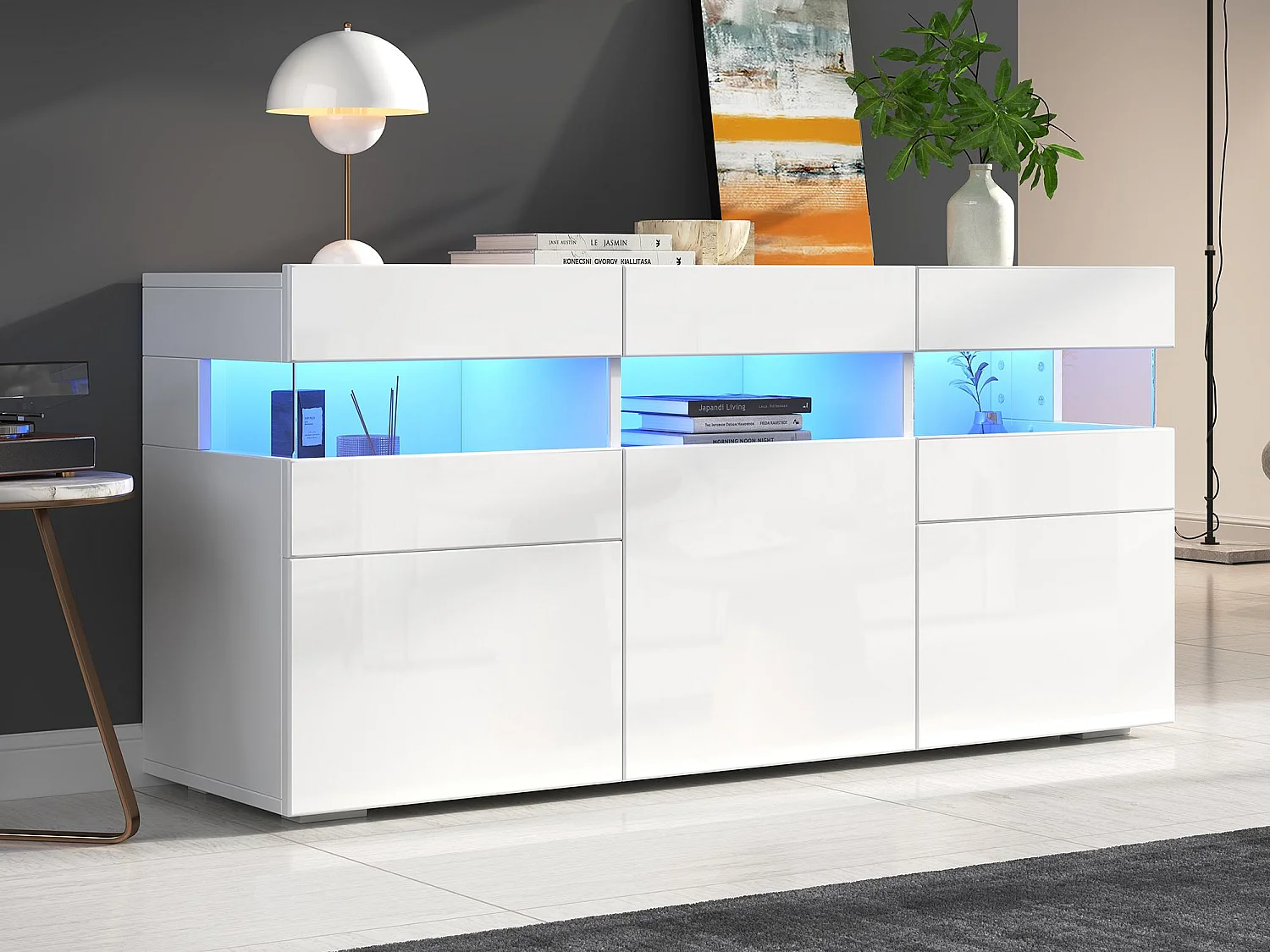 Błyszczący buffet 140x40.5x66.5cm - 3 fronty - 7 przegródek - Z oświetleniem LED - Biały 4731665 - obrazek 1