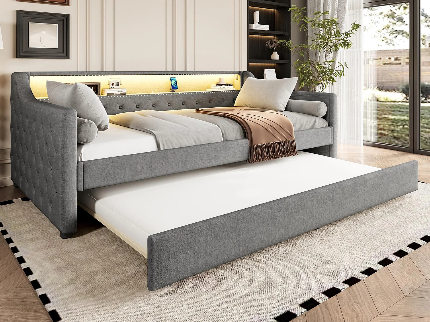 Kanapa z funkcją spania 90 x 200 cm - z oświetleniem LED - z wysuwanym łóżkiem - z USB - len - z stelażem na listwy - szary 4008786 - obrazek 1