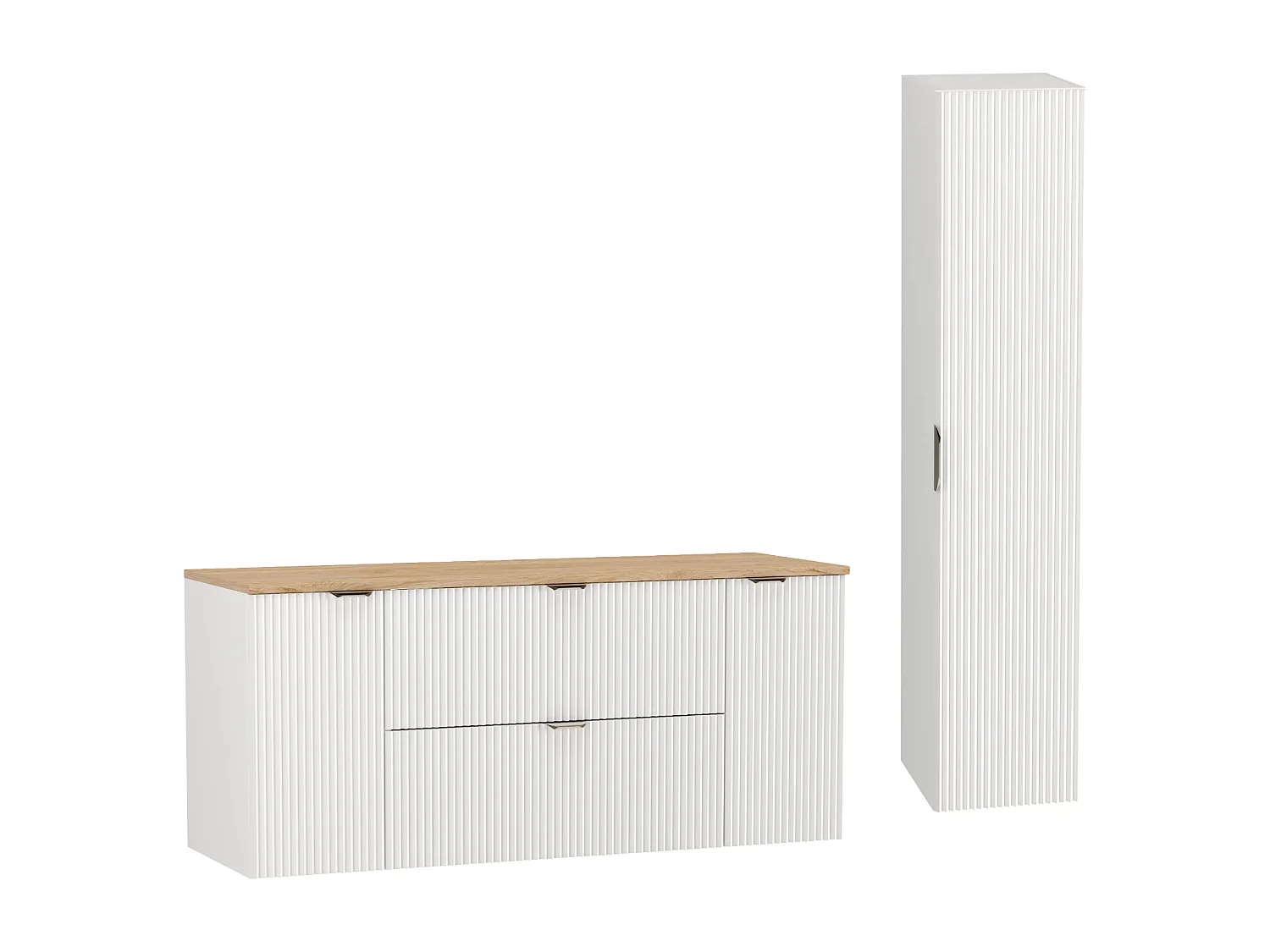 Biały Zestaw do Łazienki 140cm Szafka Blat Orzech Słupek Ryflowane Fronty 4734950