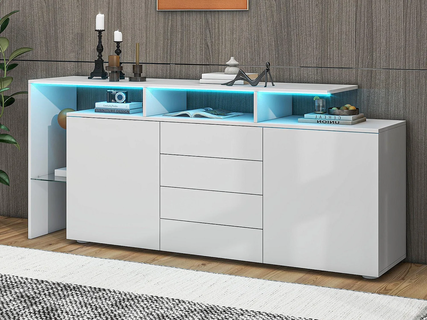 Bufet niski z oświetleniem LED – 4 szuflady i 2 drzwi – Biały 1975195
